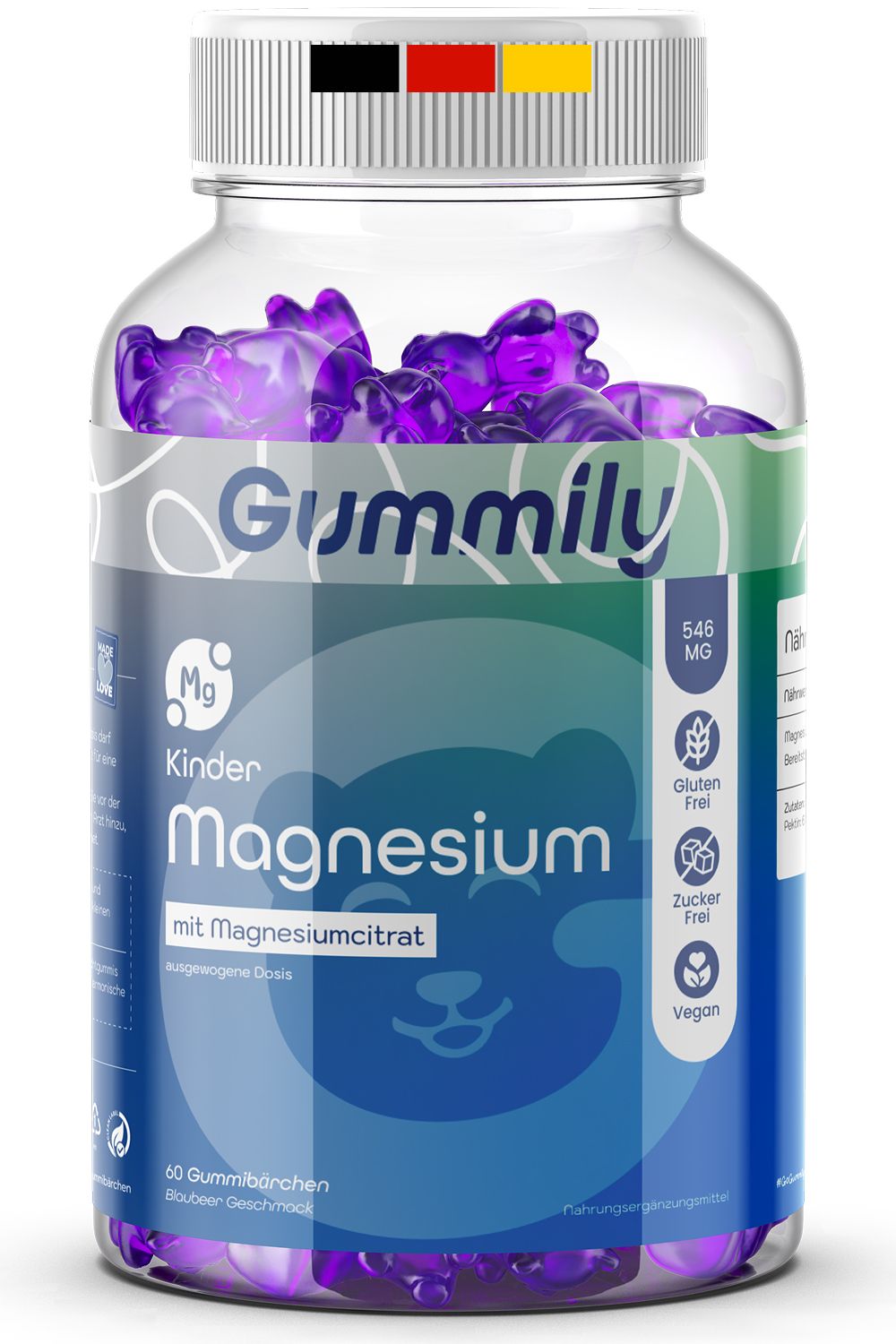 Gummily Kinder Magnesium Flasche mit 60 Gummibärchen, Blaubeergeschmack, gluten- und zuckerfrei.