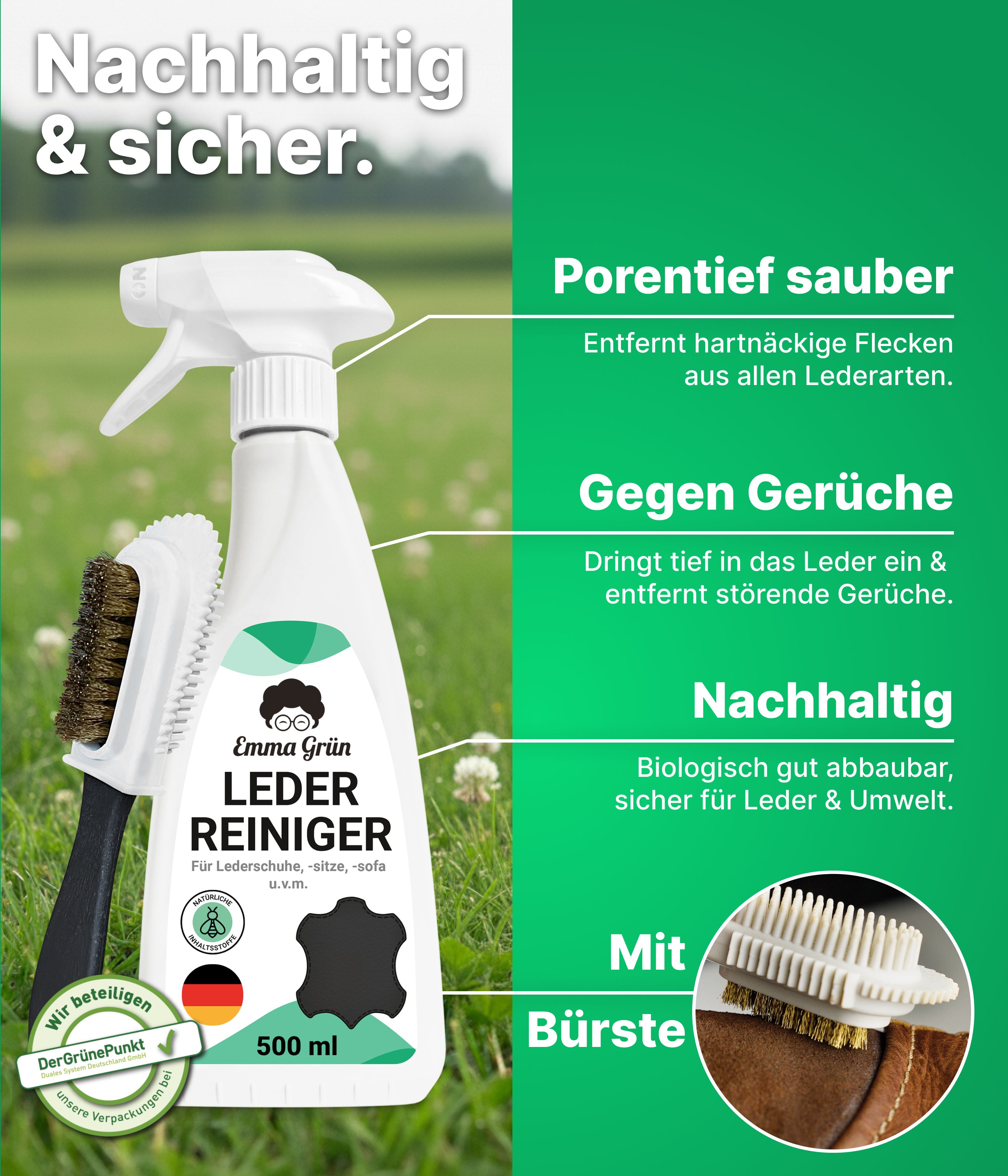 Reiniger mit Bürste. Flasche mit Sprühkopf, Bürste mit schwarzem Griff. Text: Nachhaltig & sicher. Mit Bürste. 500 ml.