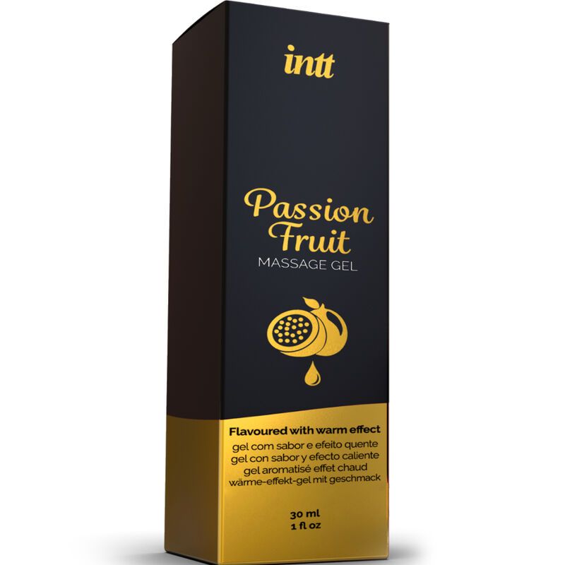 Verpackung von Massagegel. Aufschrift: intt Passion Fruit Massage Gel. Mit warmem Effekt. 30 ml, 1 fl oz.