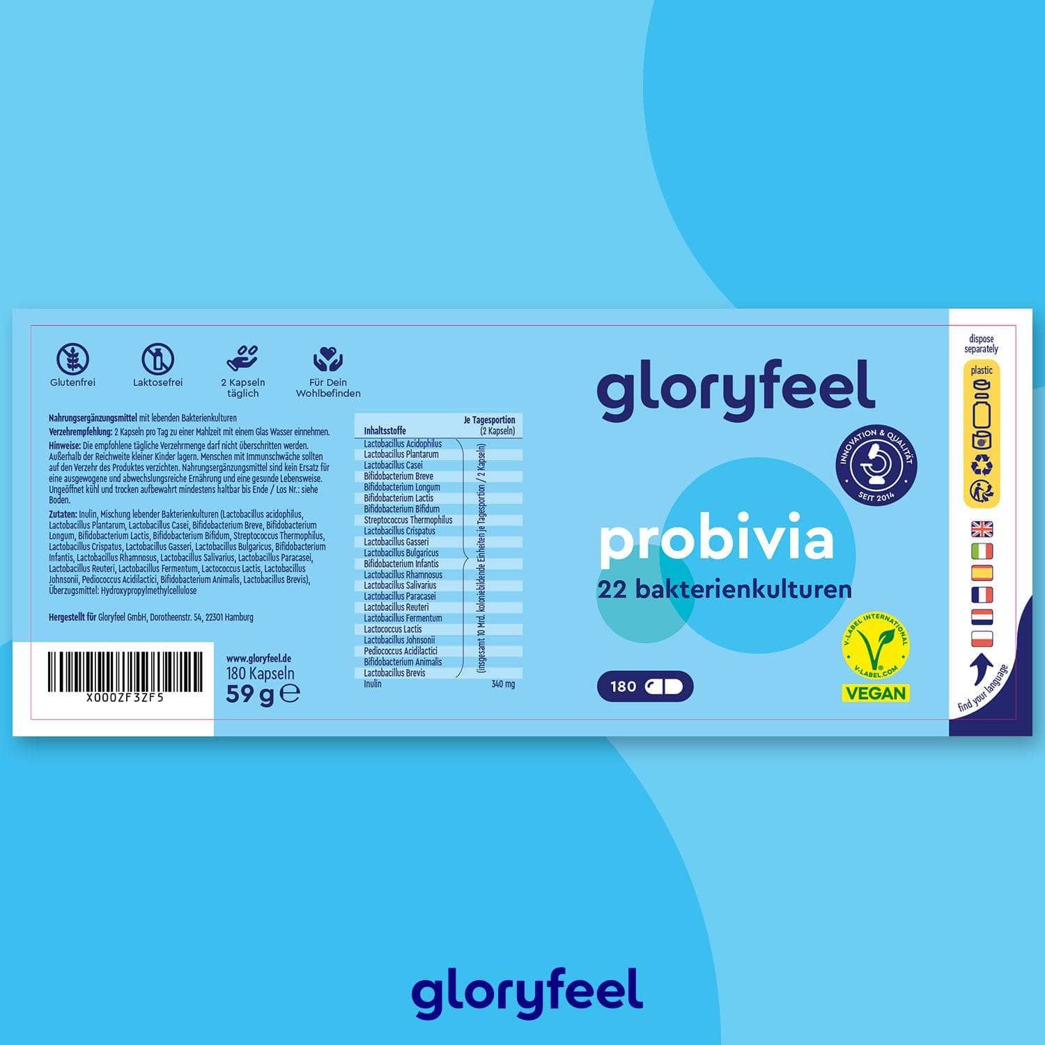 Produktverpackung mit blauem Hintergrund. Aufschrift: gloryfeel probivia 22 Bakterienkulturen. Vegan-Siegel. Inhaltsstoffliste.