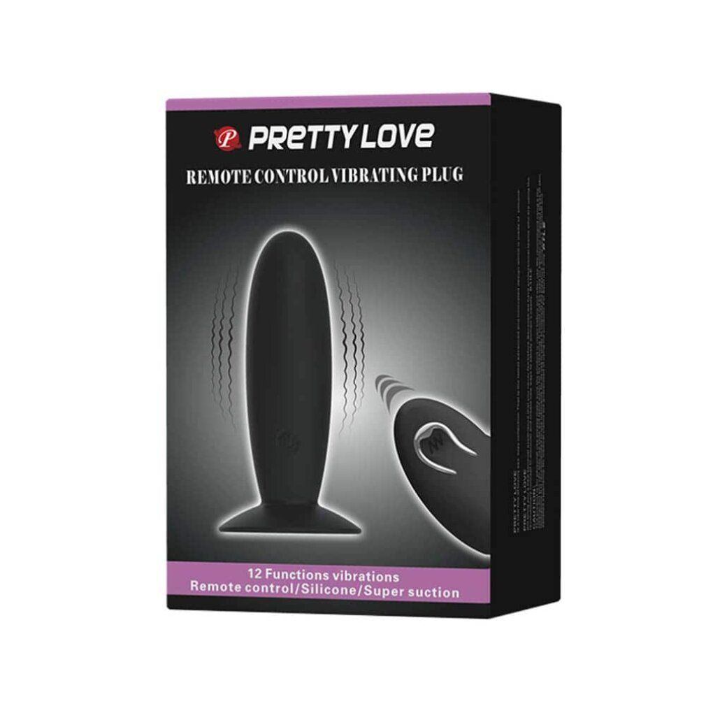 Verpackung von Pretty Love Remote Control Vibrating Plug. Schwarze Plug-Abbildung. Text und Logos auf der Verpackung. 12 Vibrationsfunktionen.