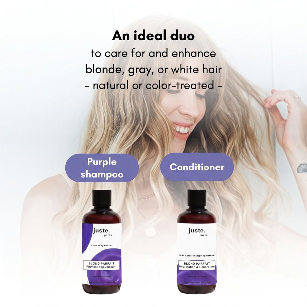 Zwei Flaschen: lila Shampoo und Conditioner für blondes, graues oder weißes Haar.