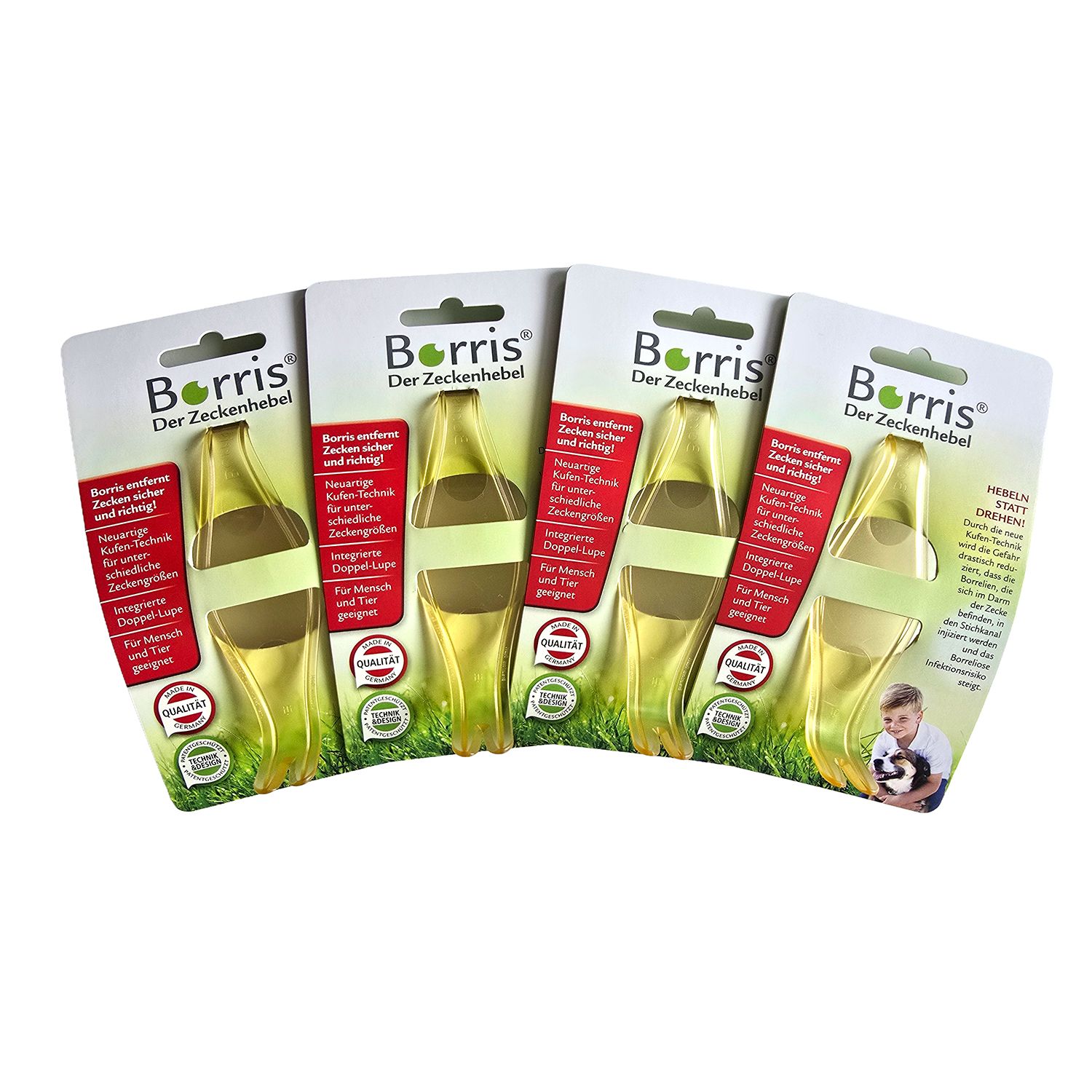 Vier Blisterpackungen mit Zeckenhebeln. Auf jeder Packung steht "Borris Der Zeckenhebel". Die Hebel sind gelb und in einer Halterung.