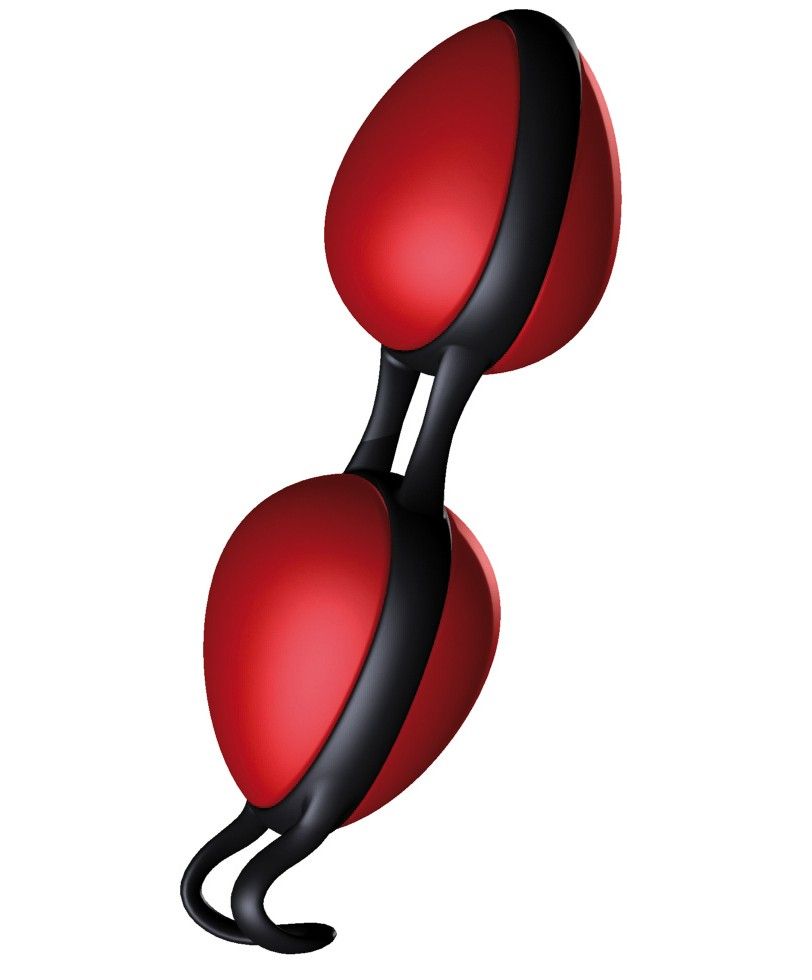 Zwei rote, ovale Kugeln, verbunden durch einen schwarzen Steg. Schwarze Schlaufe am unteren Ende. Weißer Hintergrund.