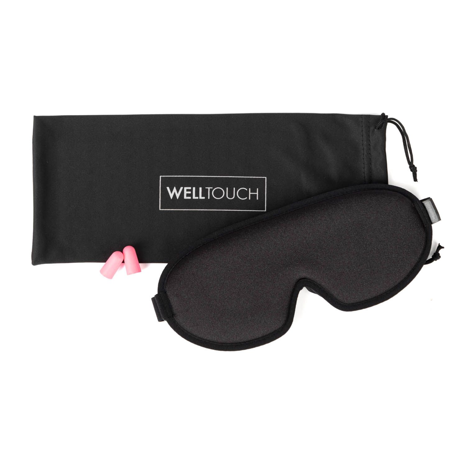 Schwarze Schlafmaske, zwei pinke Ohrstöpsel und schwarzer Beutel mit "WELLTOUCH" Logo.