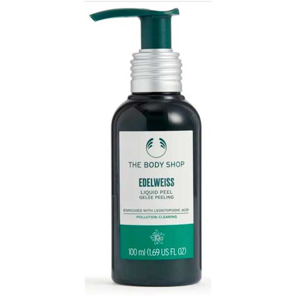 Dunkelgrüne Flasche mit Pumpe. Etikett mit Text: Edelweiss Liquid Peel. 100 ml. The Body Shop Logo.