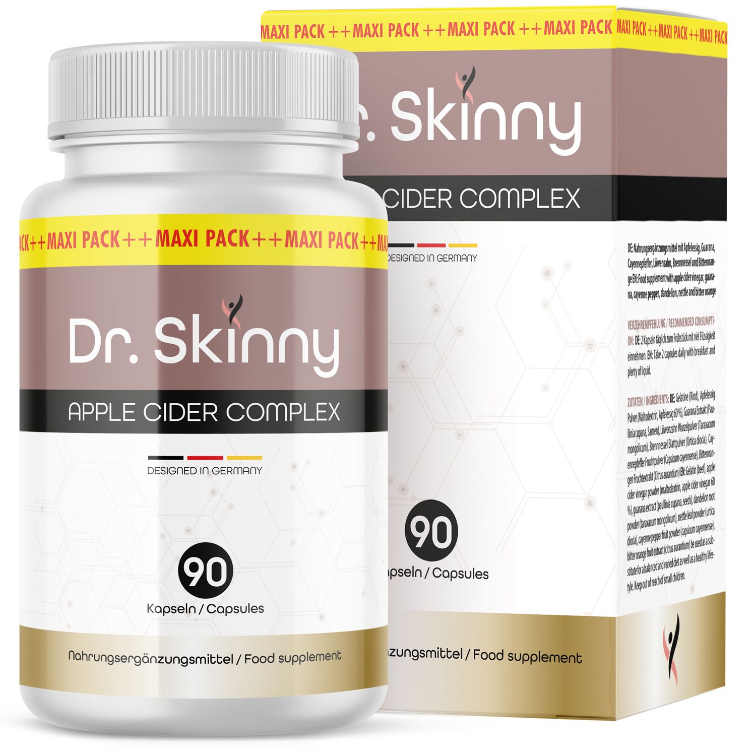 Eine Flasche und eine Schachtel mit Kapseln. Auf der Flasche steht "Dr. Skinny Apple Cider Complex" und "90 Kapseln".