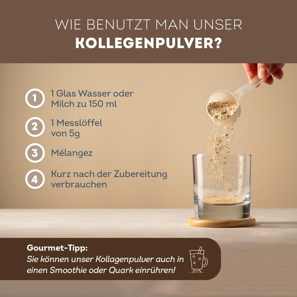 Anleitung zur Zubereitung von Kollagenpulver. 1 Glas Wasser/Milch, 1 Messlöffel, mischen. Gourmet-Tipp: Smoothie oder Quark.