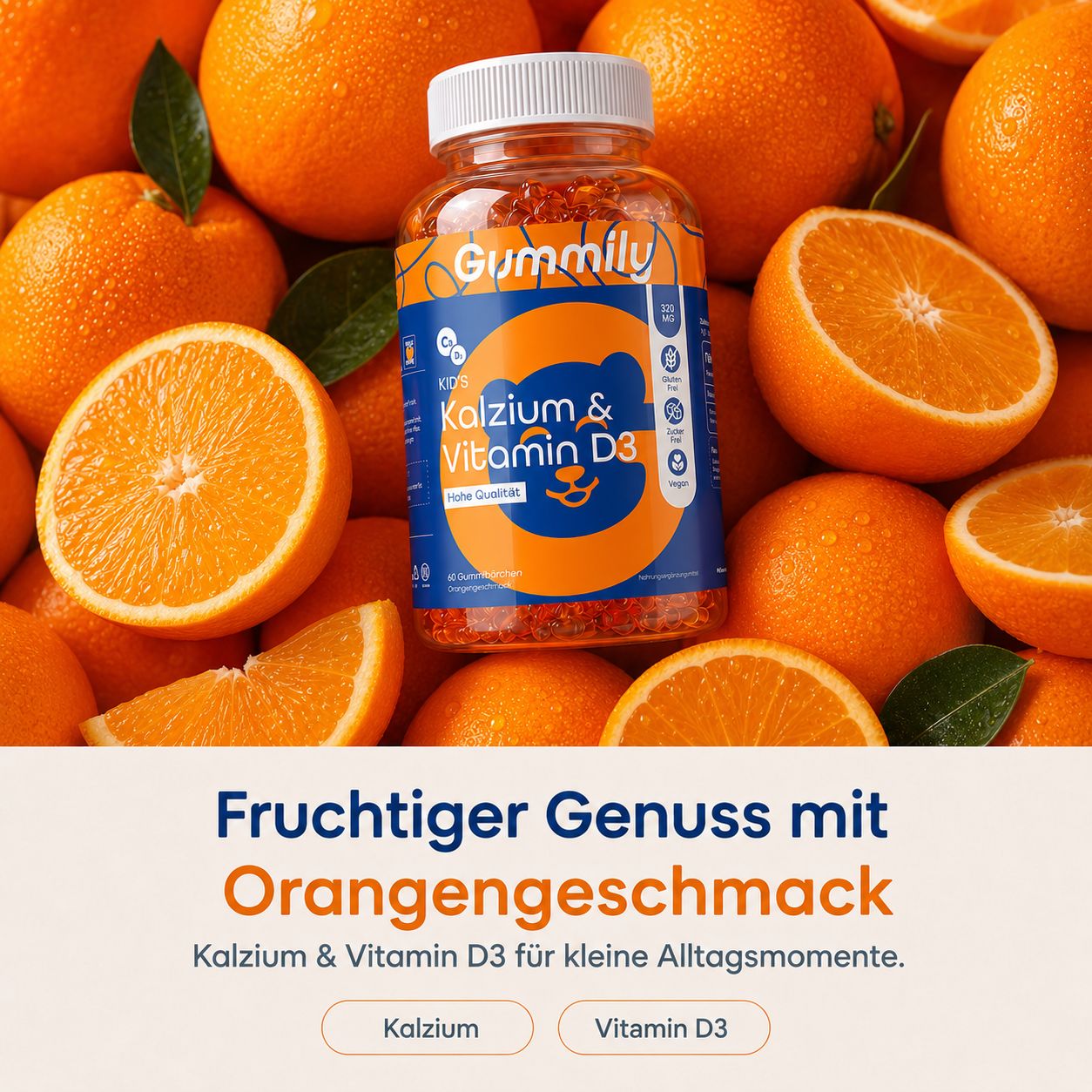 Hand hält ein Gummily Gummibärchen. Nährwerttabelle mit Calcium und Vitamin D3.