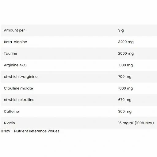 Nährwerttabelle. Angaben pro 9g: Beta-Alanin 3200mg, Taurin 2000mg, Arginin AKG 1000mg, Citrullinmalat 1000mg, Koffein 300mg, Niacin 16mg.