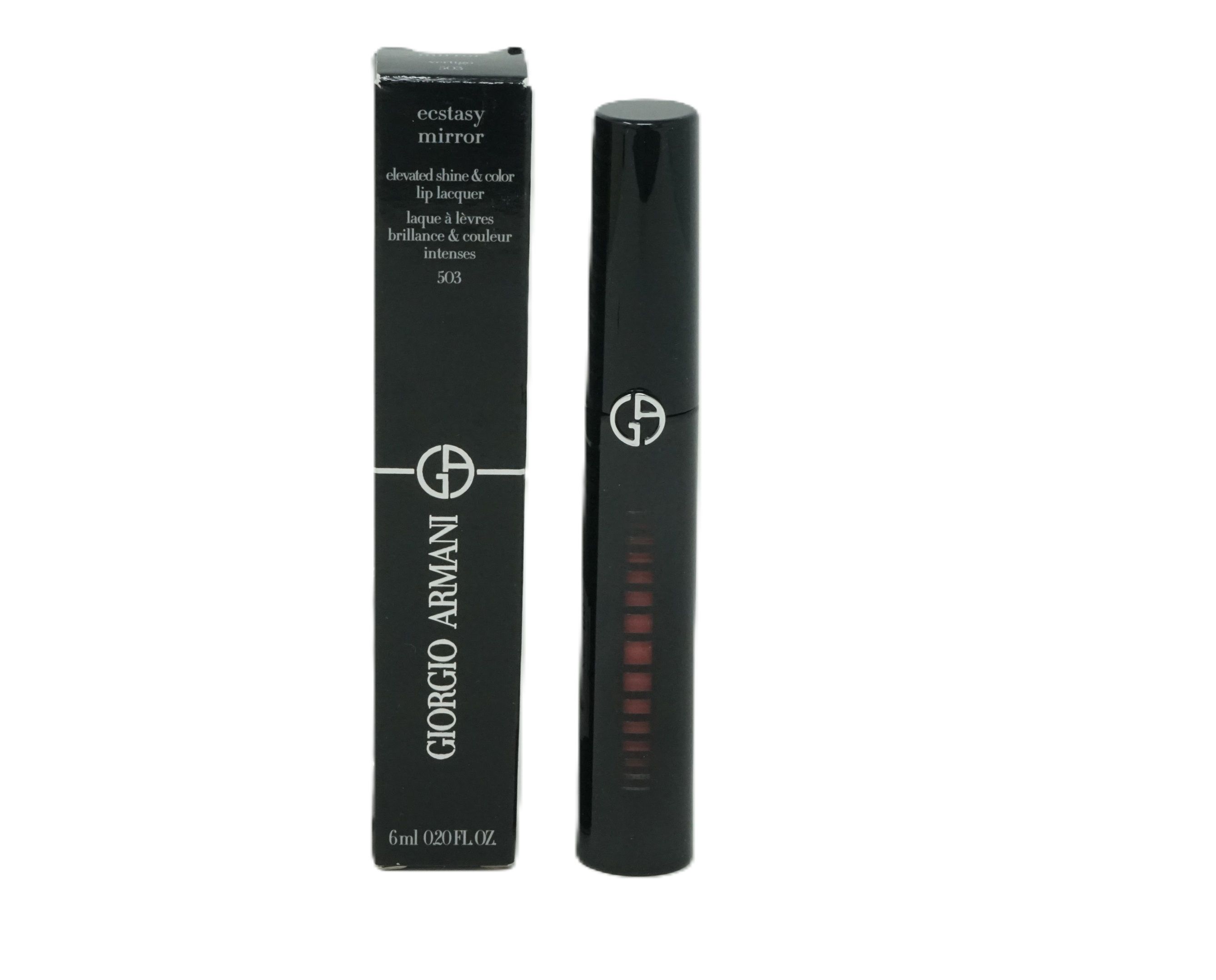 Schwarze Giorgio Armani Lipgloss-Tube und -Verpackung. Aufschrift: Ecstasy Mirror, Vertigo 503. 6ml.