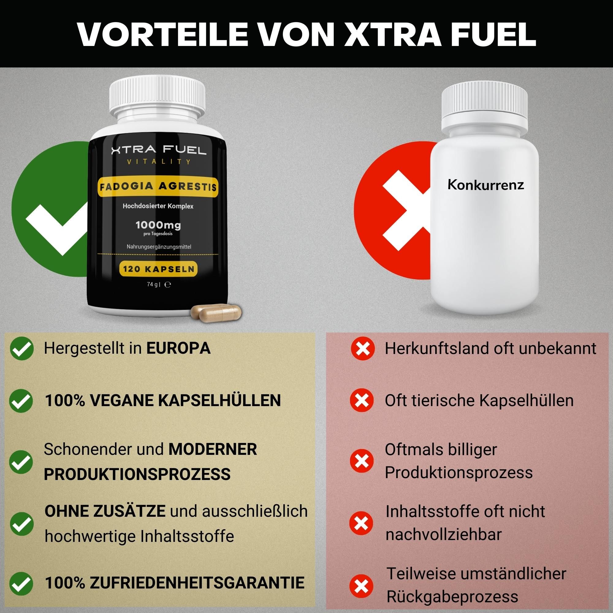 Vergleich XTRA FUEL Fadogia Agrestis Kapseln mit Konkurrenz. Vorteile: vegan, hochwertige Inhaltsstoffe, Zufriedenheitsgarantie.