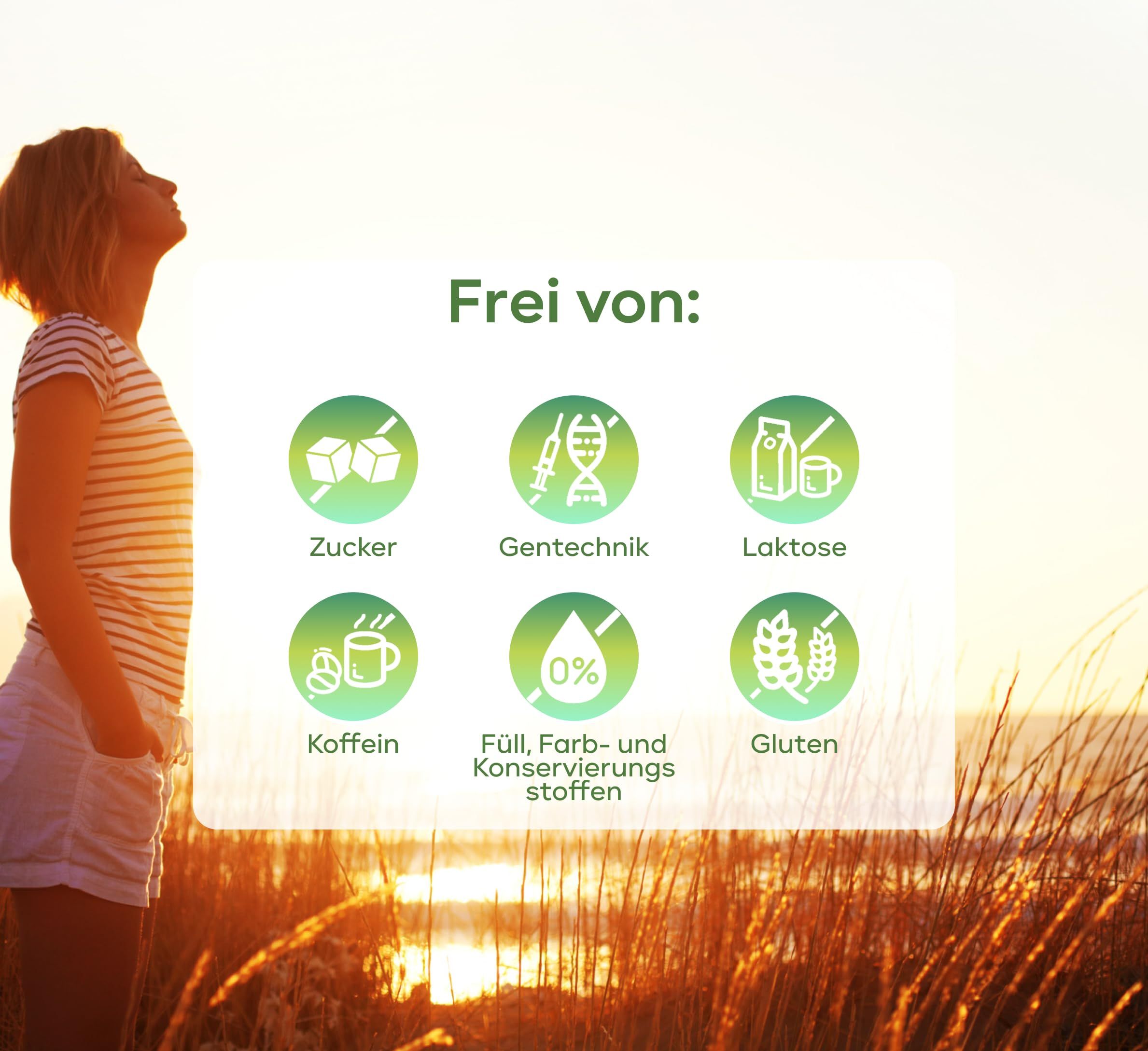 Grafik mit Symbolen. Zeigt Informationen über Zucker, Gentechnik, Laktose, Koffein, Füll-, Farb- und Konservierungsstoffe, Gluten.