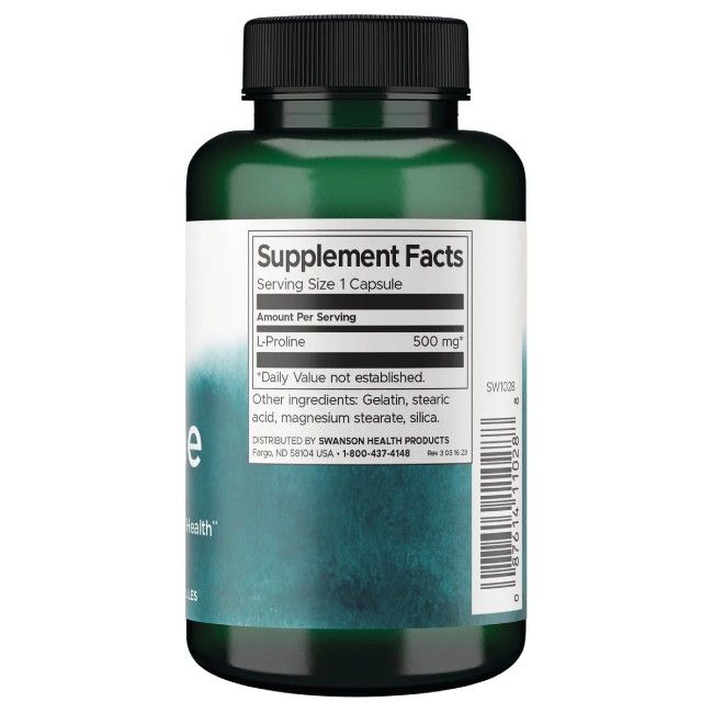 Rückseite des Swanson L-Prolin 500 mg Behälters mit Nährwertangaben und Inhaltsstoffen.