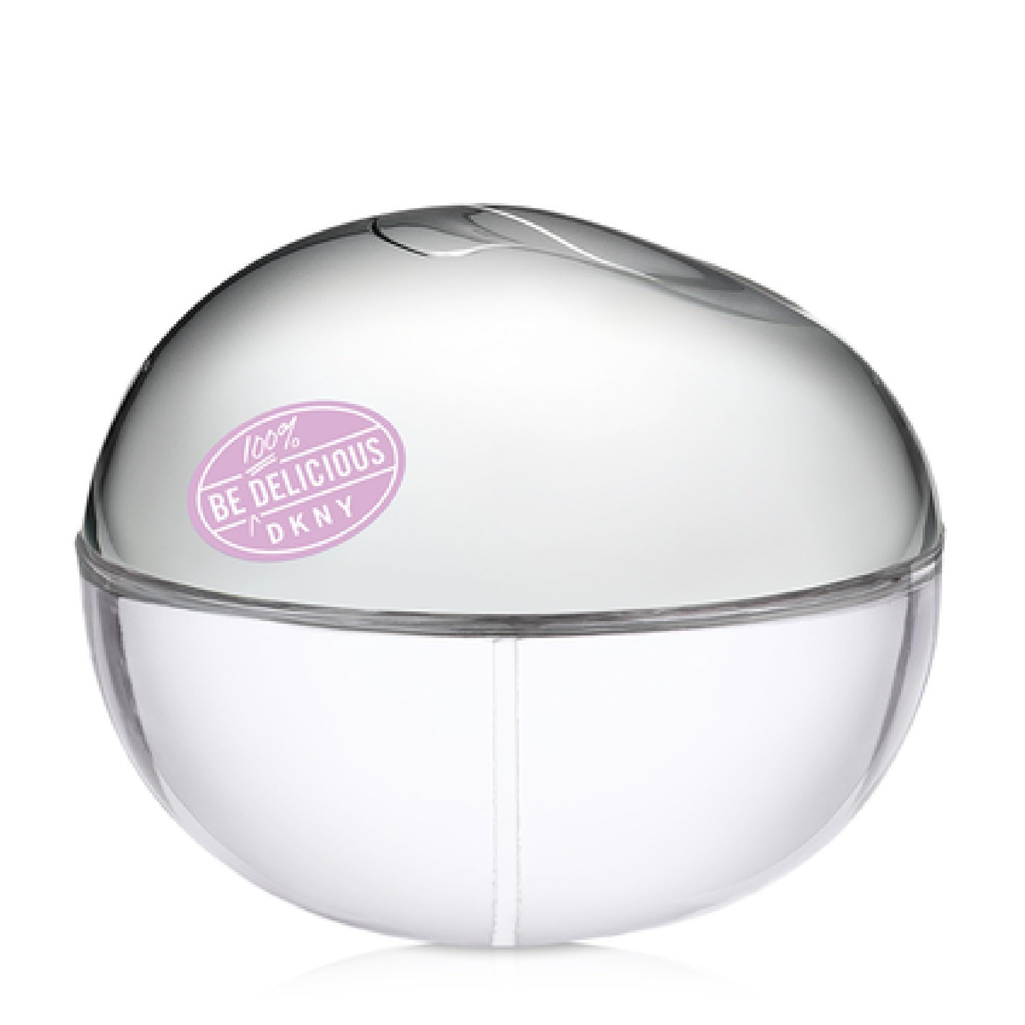 Runder, klarer Flakon mit silberfarbenem Deckel. Rosa Aufkleber mit Text: Be Delicious DKNY.