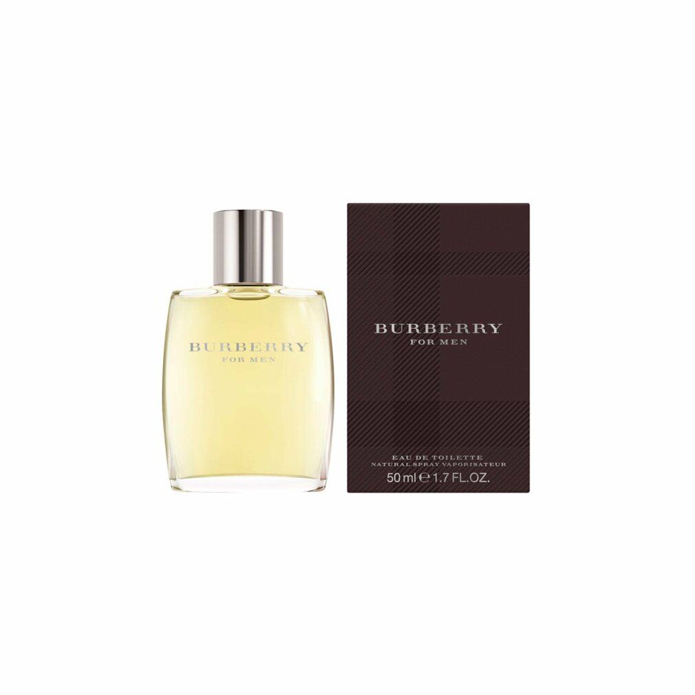 Burberry For Men Eau de Toilette Spray. Flakon mit silbernem Verschluss und braune Verpackung mit Logo und Produktbezeichnung.