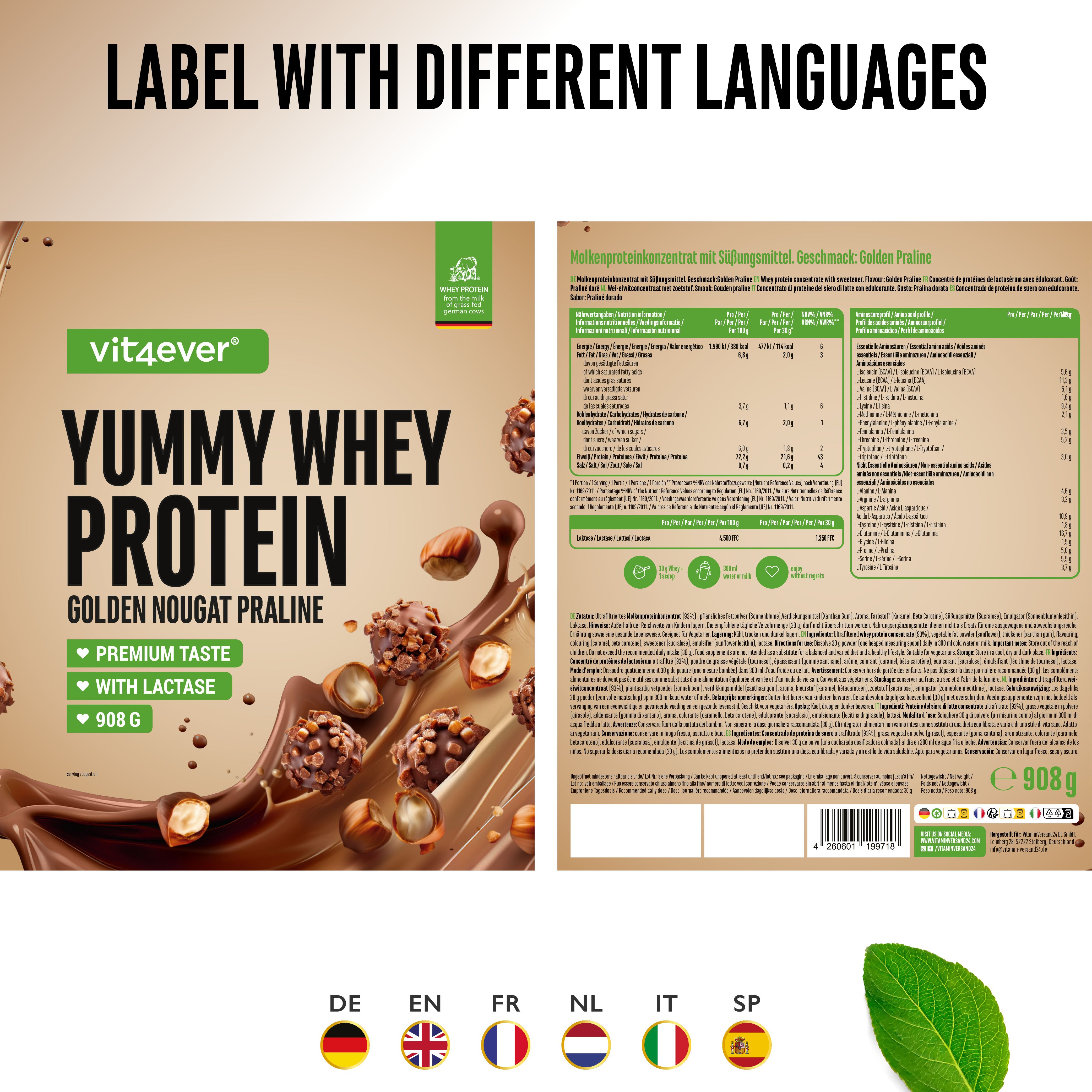 Etikett von "Yummy Whey Protein" von vit4ever. Vorder- und Rückseite mit Informationen in verschiedenen Sprachen.