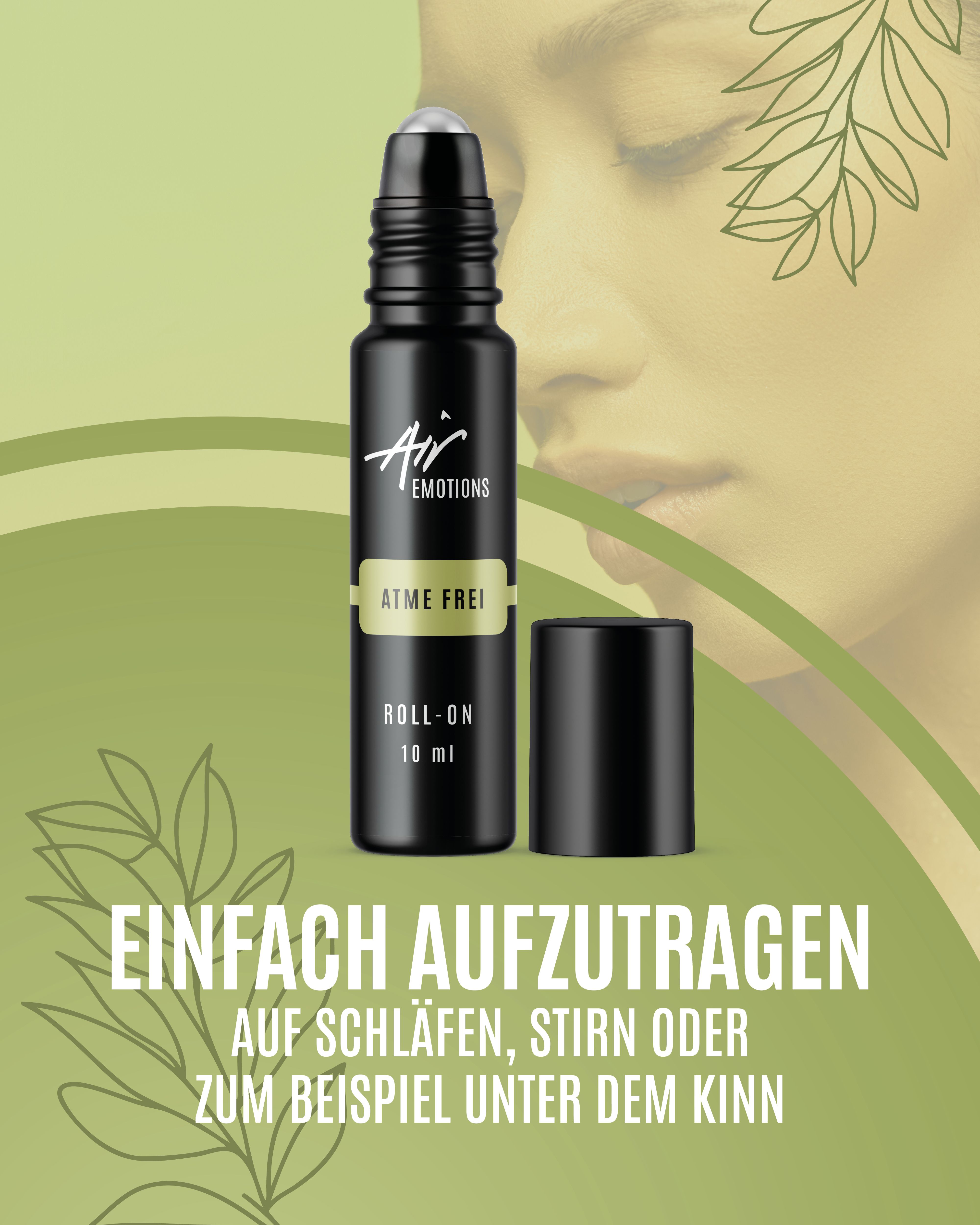 Schwarze Roll-On-Flasche mit silberner Kugel und schwarzem Deckel. Aufschrift: ATME FREI, ROLL-ON, Air Emotions. Hintergrund: Gesicht.