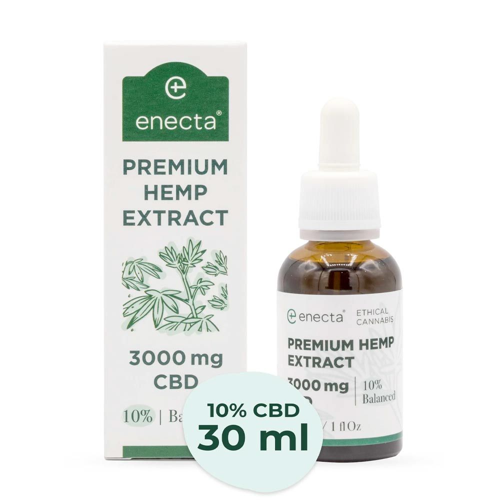 Braune Glasflasche mit Pipette und weißer Verpackung. Aufschrift: Premium Hanf Extract, 10% CBD, 30 ml.
