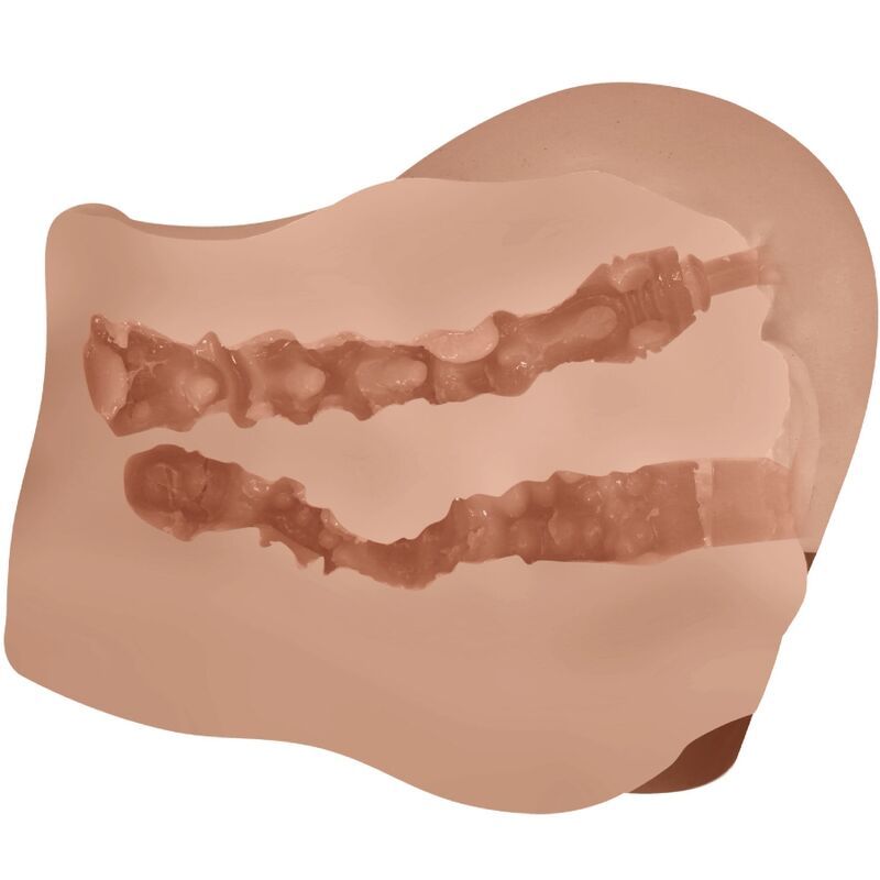 Hautfarbenes, anatomisch geformtes Produkt mit zwei inneren, gerippten Kanälen.