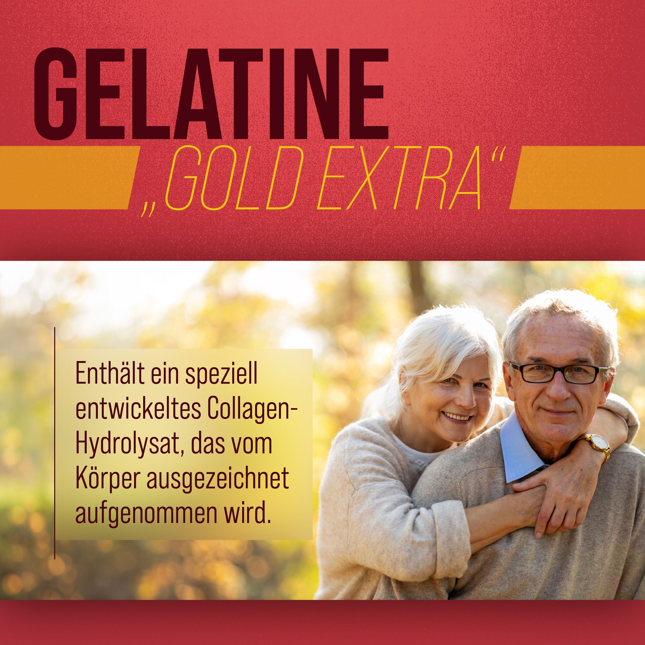 Älteres Paar lächelt, umgeben von Herbstlaub. Text: Enthält ein speziell entwickeltes Collagen-Hydrolysat.