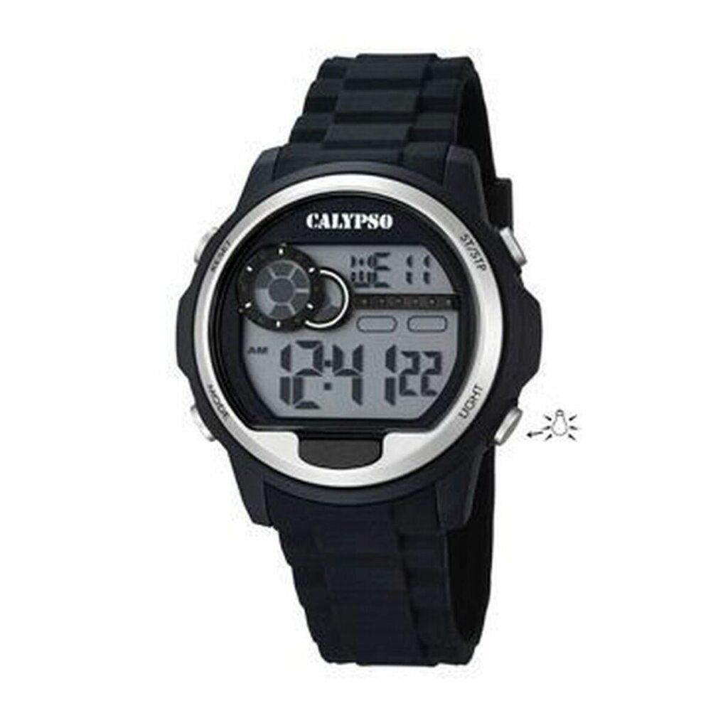 Schwarze Calypso-Uhr. Digitales Display mit Datum und Uhrzeit. Schwarzes Armband. Silberfarbene Lünette.