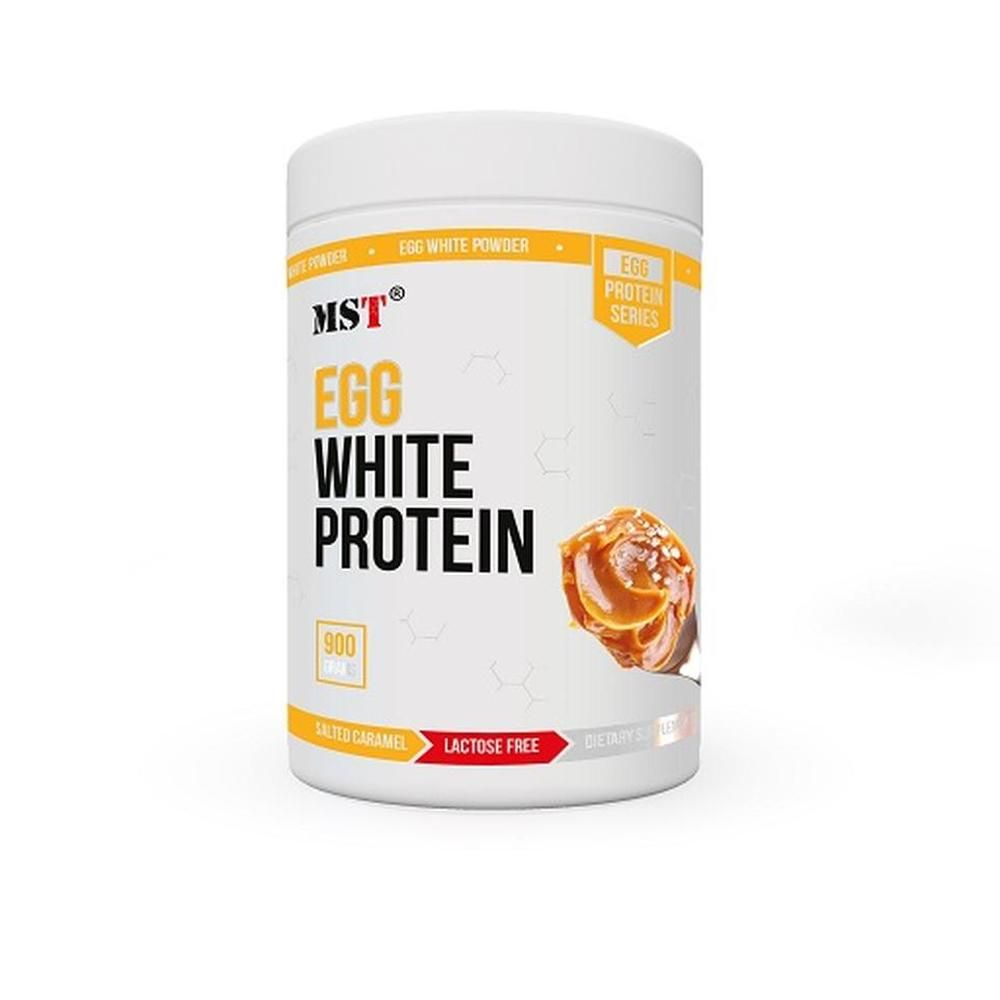 Weiße Dose mit MST EGG WHITE PROTEIN. Aufschrift: 900g, Laktosefrei, Salted Caramel. Abbildung von Karamell.