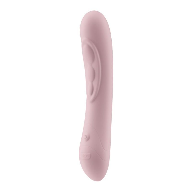 Ein rosafarbener Vibrator mit einer gebogenen Form und einer gerippten Oberfläche an einem Ende.