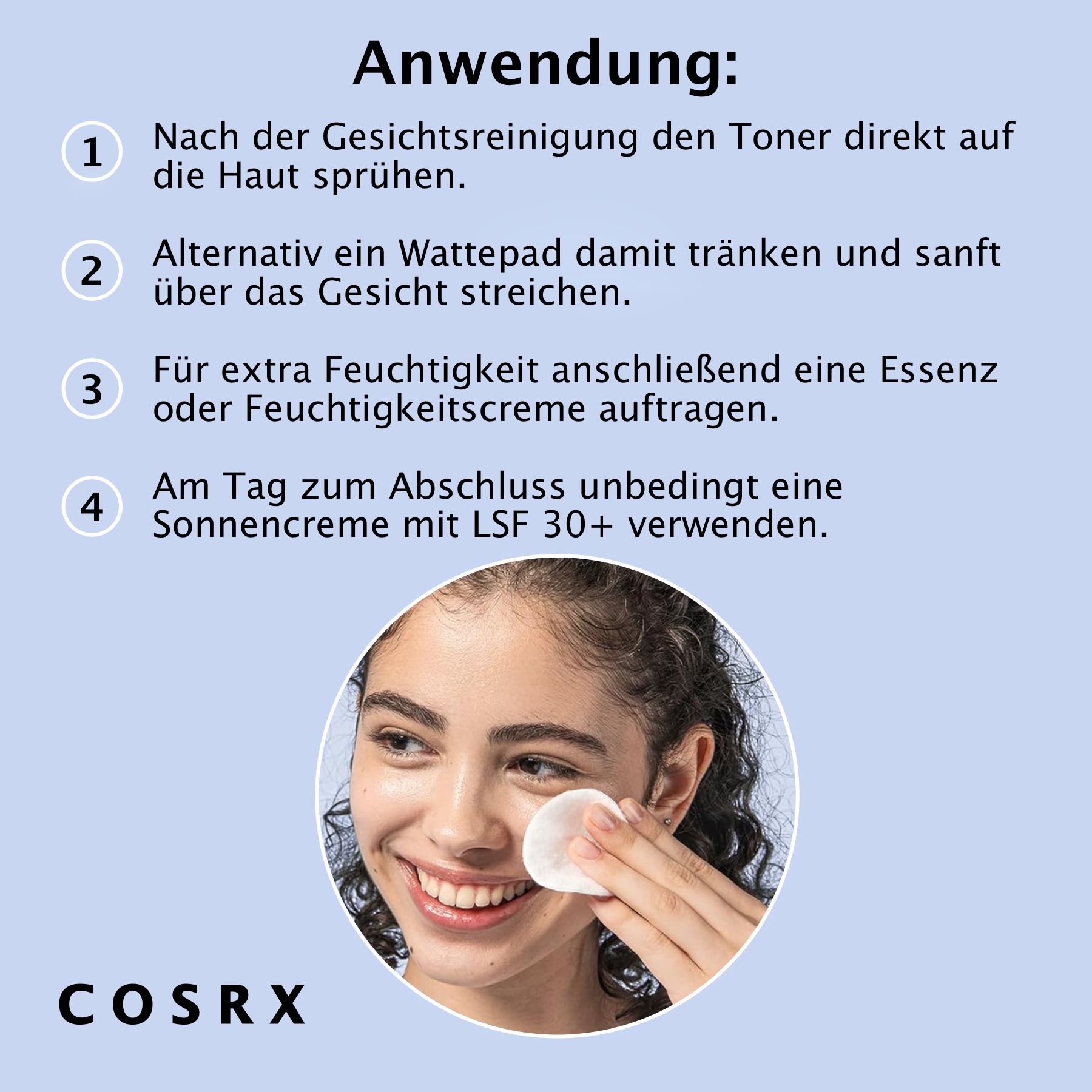 Frau benutzt Wattepad. Text: Anwendung. COSRX-Logo. Sprühflasche mit schwarzem Deckel.