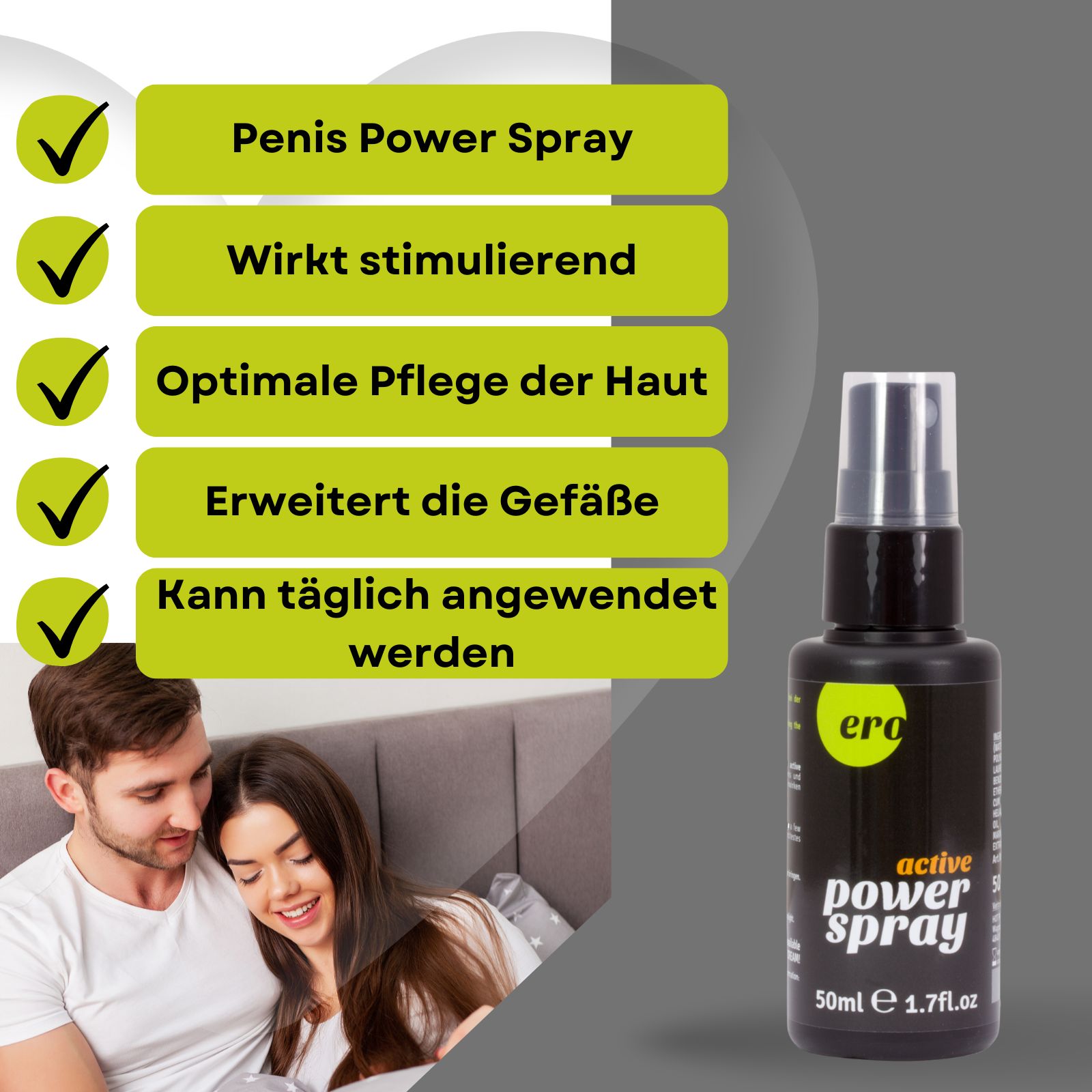 Produktflasche und Verpackung. Paar im Bett. Text: Penis Power Spray, wirkt stimulierend, etc.