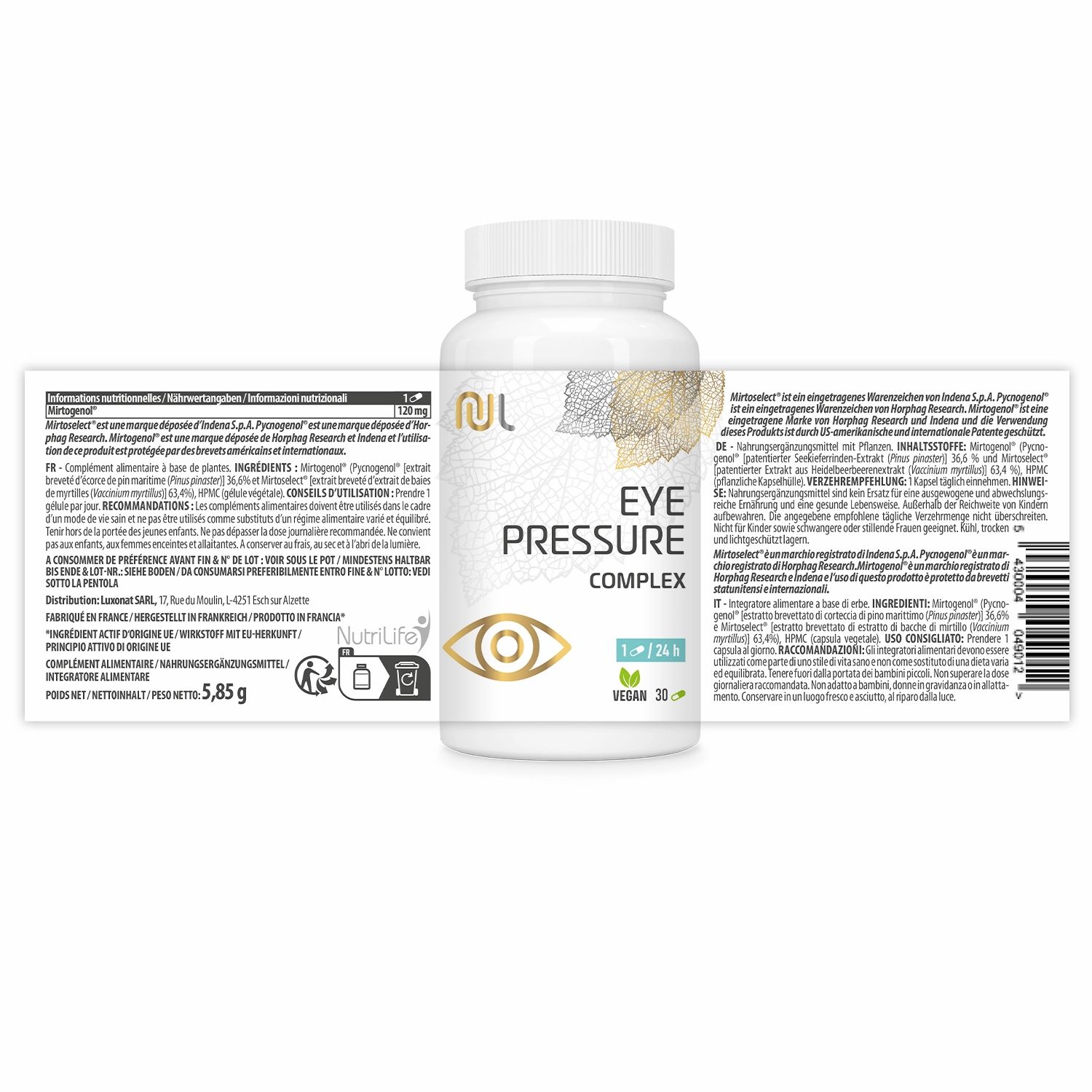 Weiße Flasche mit "EYE PRESSURE COMPLEX"-Aufschrift. Vegan. Beipackzettel mit Informationen. Goldfarbene Blätter-Illustration.