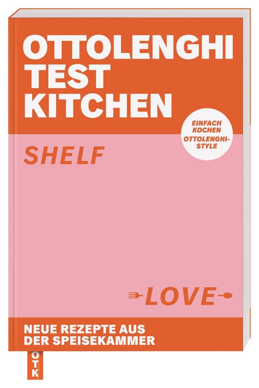 Buchcover mit Titel 'Ottolenghi Test Kitchen - Shelf Love'. Orange-rosa Design. Aufkleber 'Einfach Kochen Ottolenghi-Style'.