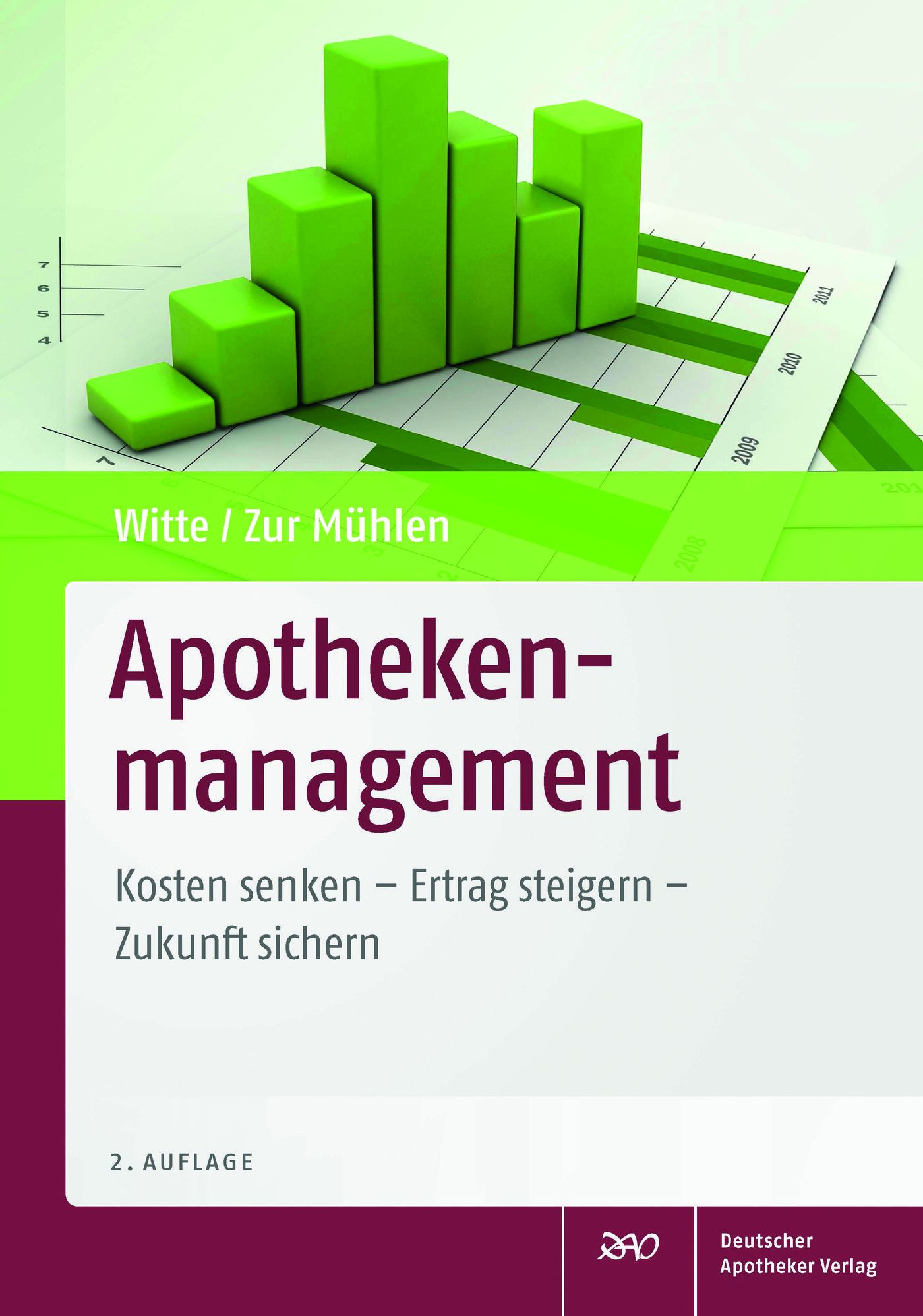 Buchcover: Apothekenmanagement. Titel in Großbuchstaben, Untertitel. Diagramm im Hintergrund. Verlag Deutscher Apotheker Verlag.