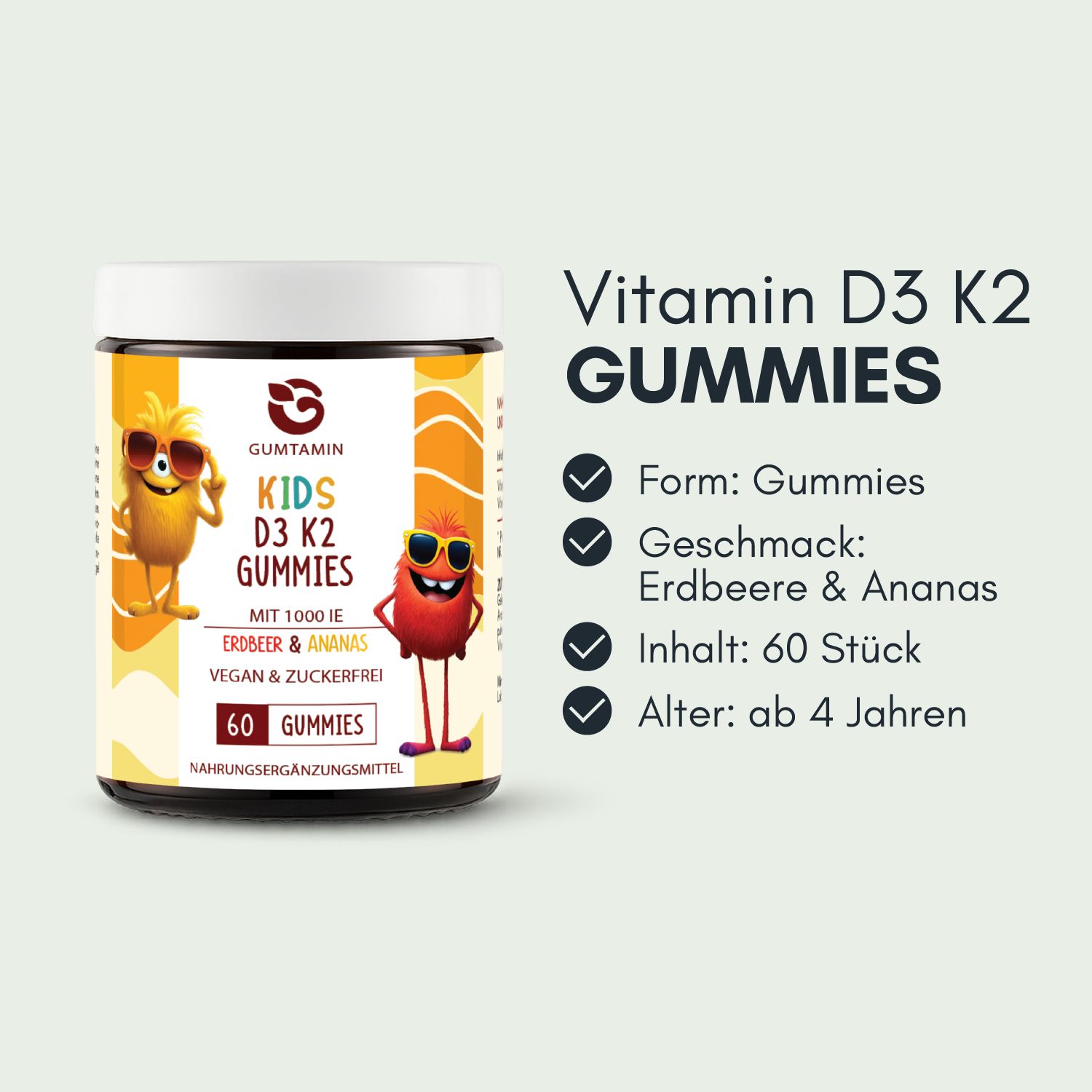 Dose mit Vitamin D3 K2 Gummies für Kinder. Aufschrift: Gumtamin, Kids D3 K2 Gummies, Erdbeere & Ananas, 60 Gummies. Mit Illustrationen.