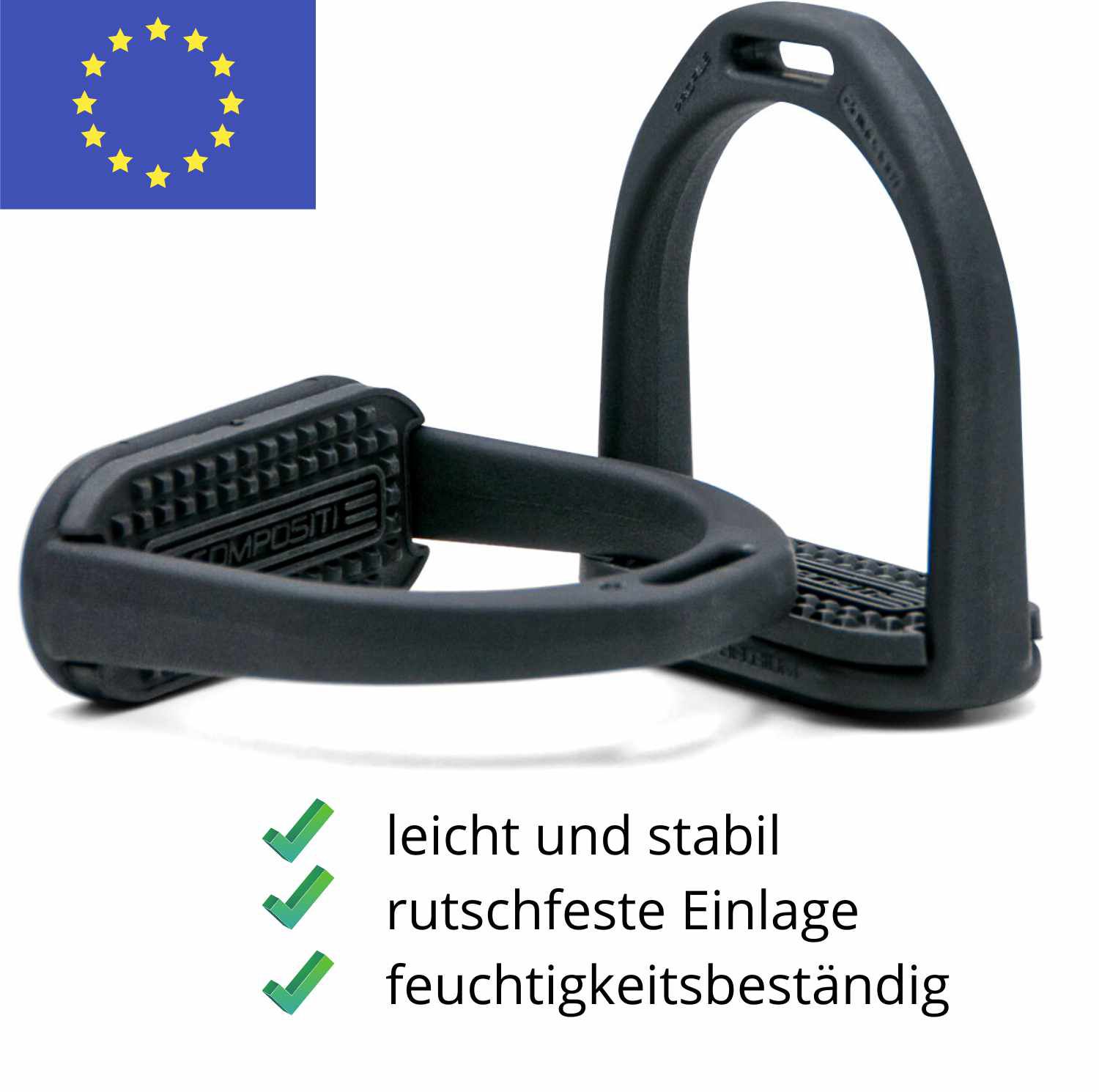 Zwei schwarze Steigbügel aus Kunststoff. Text: leicht und stabil, rutschfeste Einlage, feuchtigkeitsbeständig. EU-Flagge.