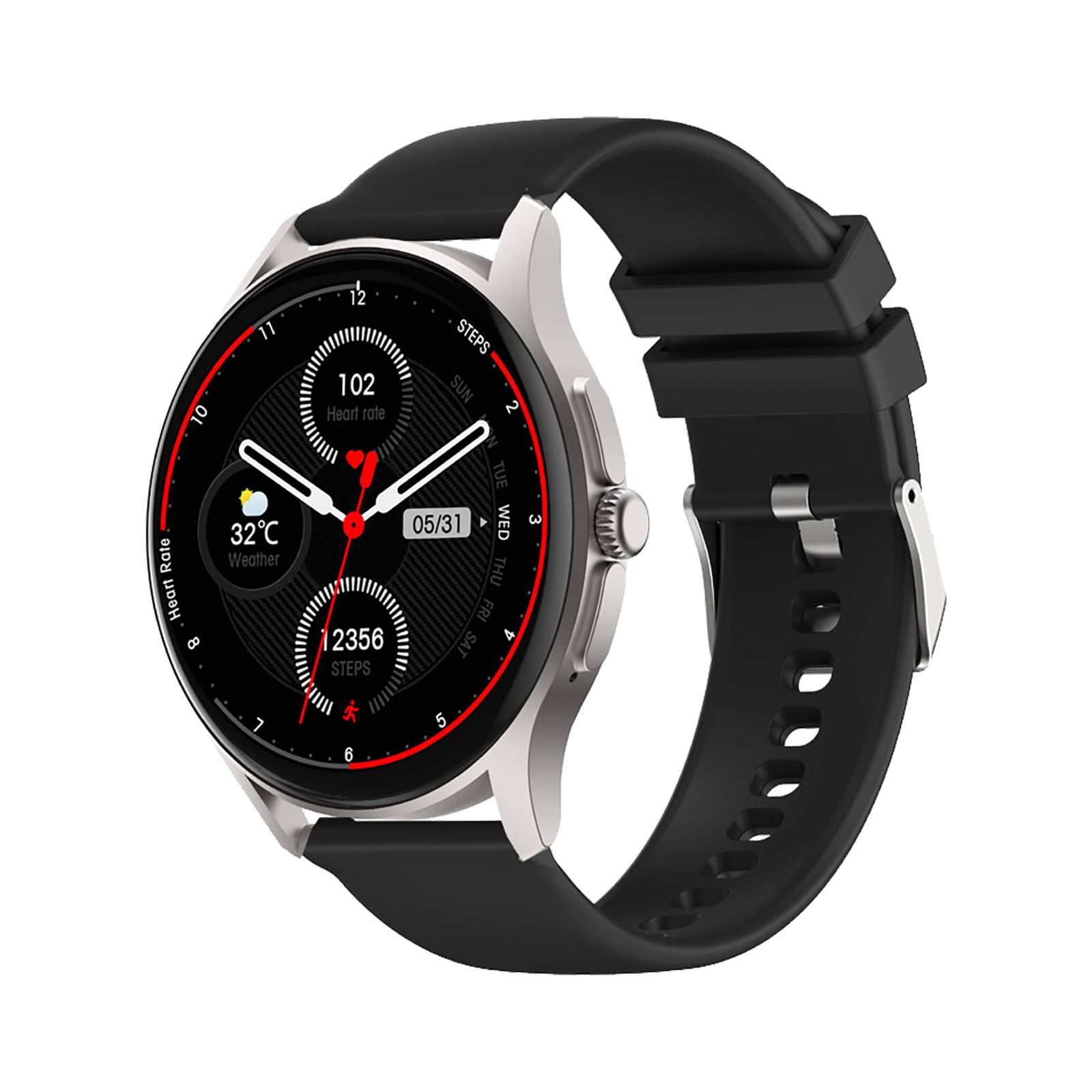 Runde Smartwatch mit schwarzem Armband und silbernem Gehäuse. Das Display zeigt Gesundheitsdaten wie Herzfrequenz und Schritte an.