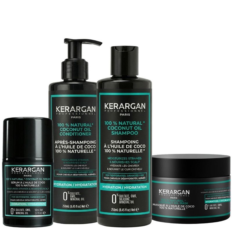 Set mit vier schwarzen Kerargan-Haarpflegeprodukten. Enthalten sind Shampoo, Conditioner, Serum und eine Maske. Alle Produkte haben grüne Akzente.