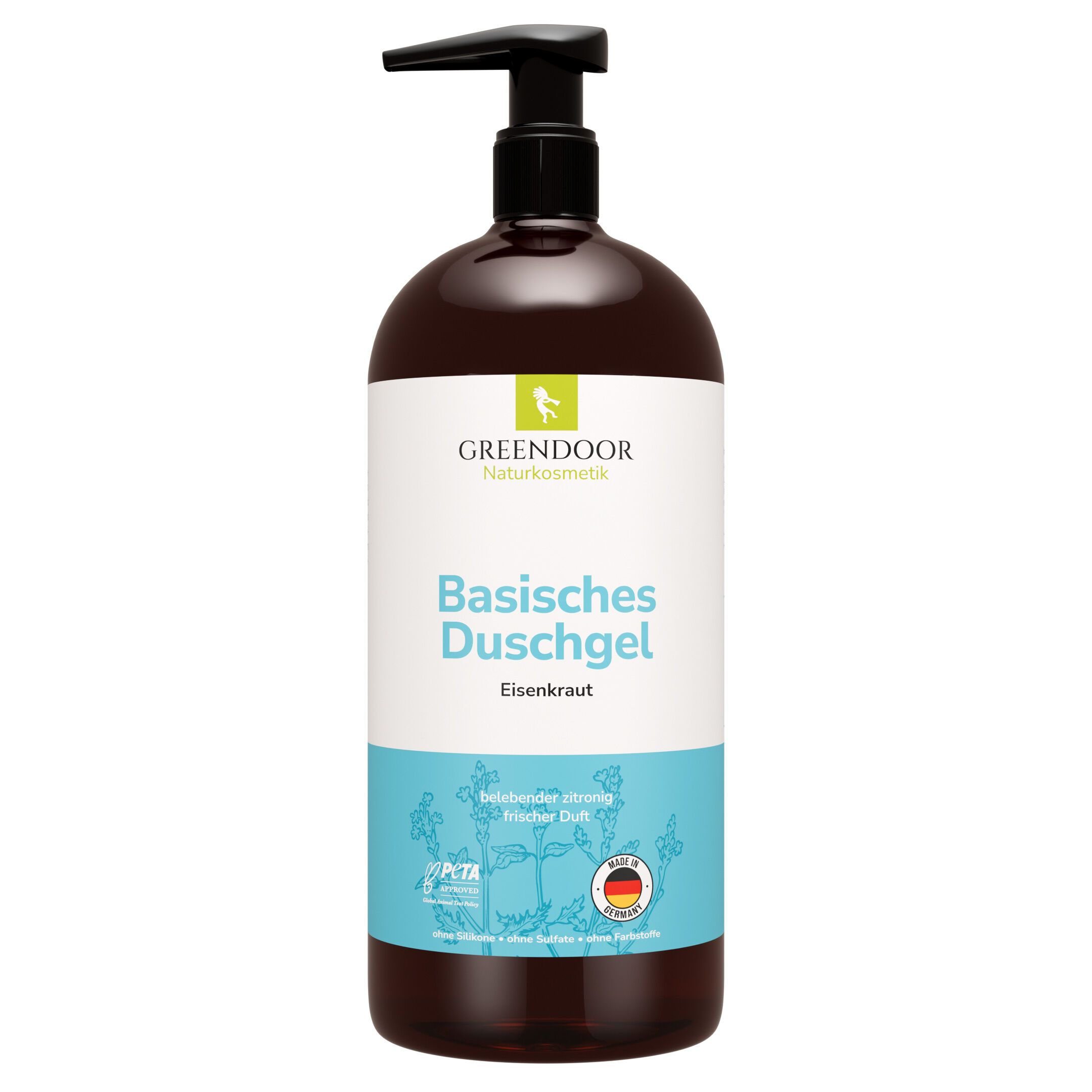 GREENDOOR Basisches Duschgel Eisenkraut in brauner Pumpflasche.