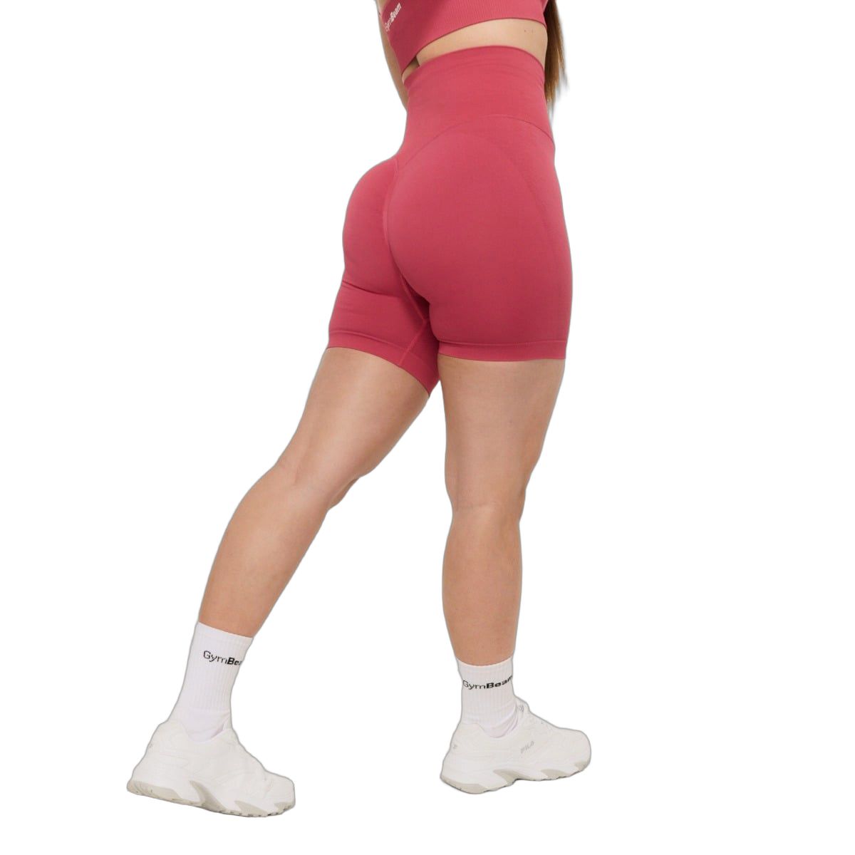 Damen-Shorts mit hoher Taille, rot, seitliche Ansicht.