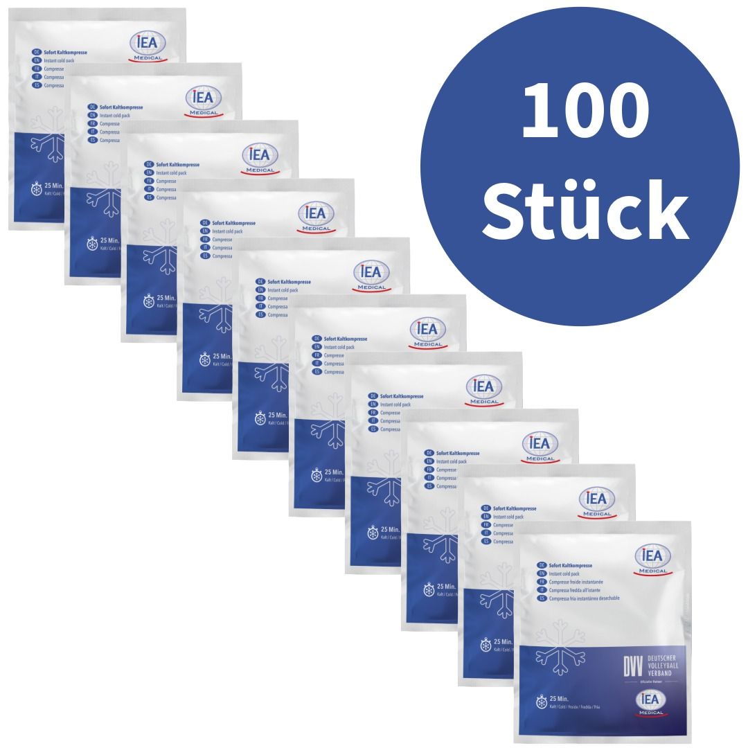 Mehrere IEA Medical Sofort-Kälte-Kompressen. Verpackung mit 100 Stück. Blaue und weiße Verpackung.