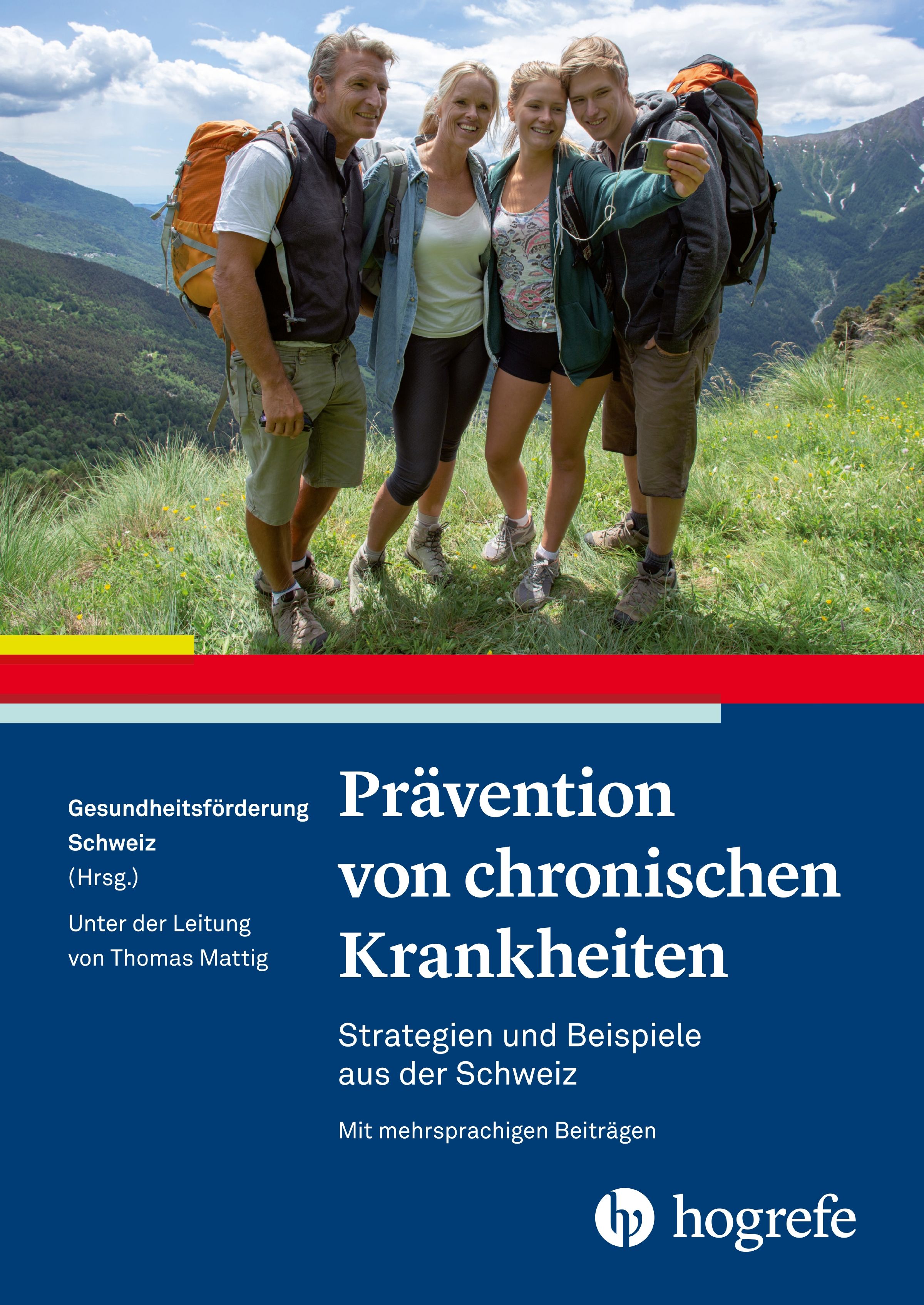 Buchcover: Prävention von chronischen Krankheiten. Titel in Deutsch. Personen im Hintergrund. Verlag Hogrefe.