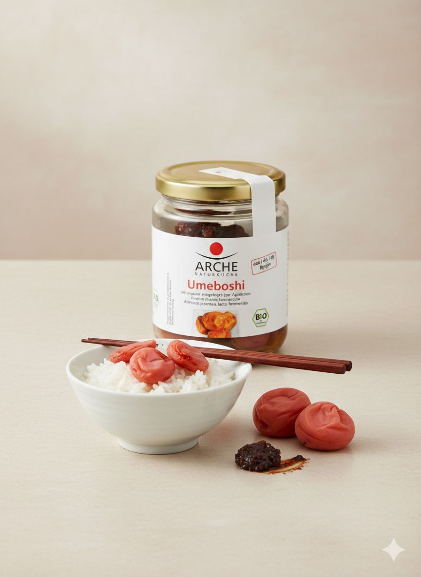 Arche Bio Umeboshi Aprikosen im Glas mit Schüssel Reis und Stäbchen.