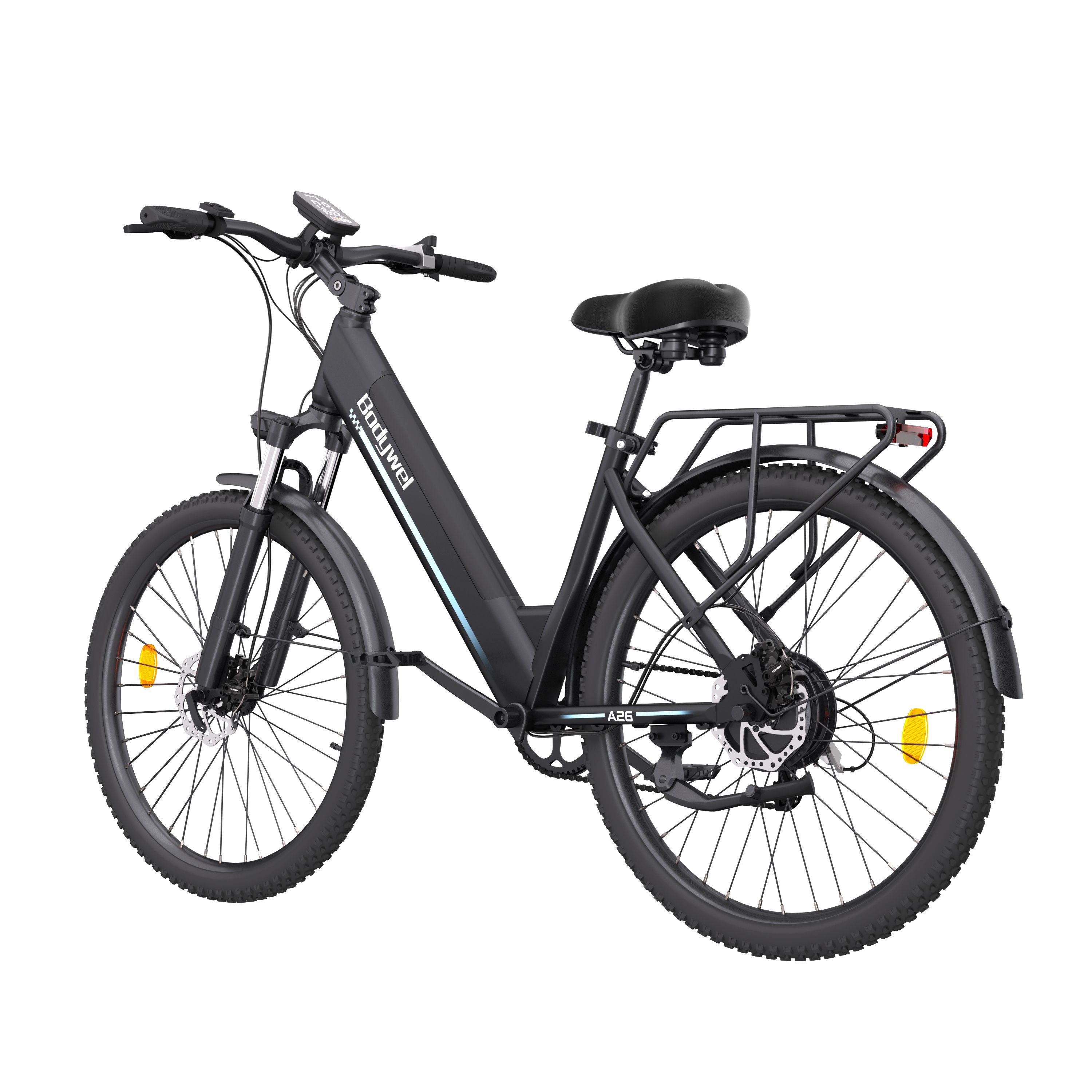Schwarzes E-Bike, Heckansicht. Gepäckträger, Schutzbleche, Rücklicht. Bodywel A26.
