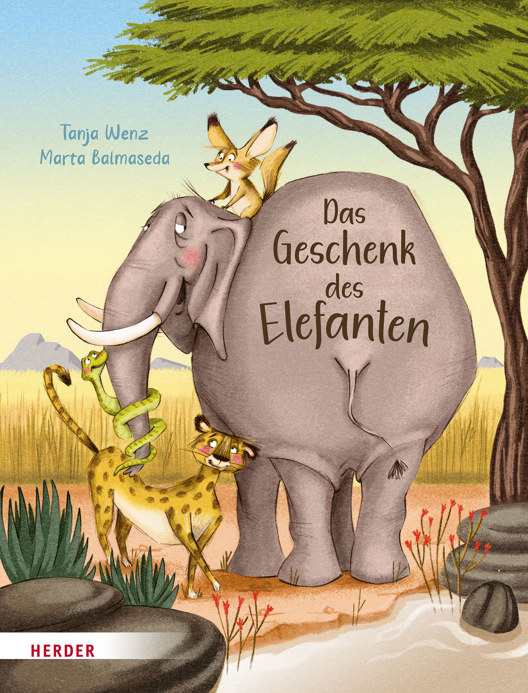 Buchcover: Ein Elefant mit einem Fuchs auf dem Rücken, ein Gepard und eine Schlange. Titel: Das Geschenk des Elefanten.