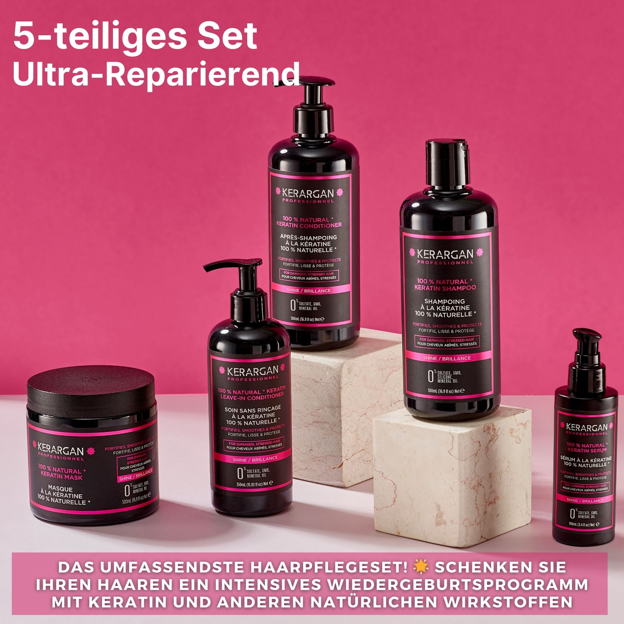 Kerargan - Ultra reparierendes Set Shampoo, Spülung, Maske, Serum & Leave-In mit Keratin