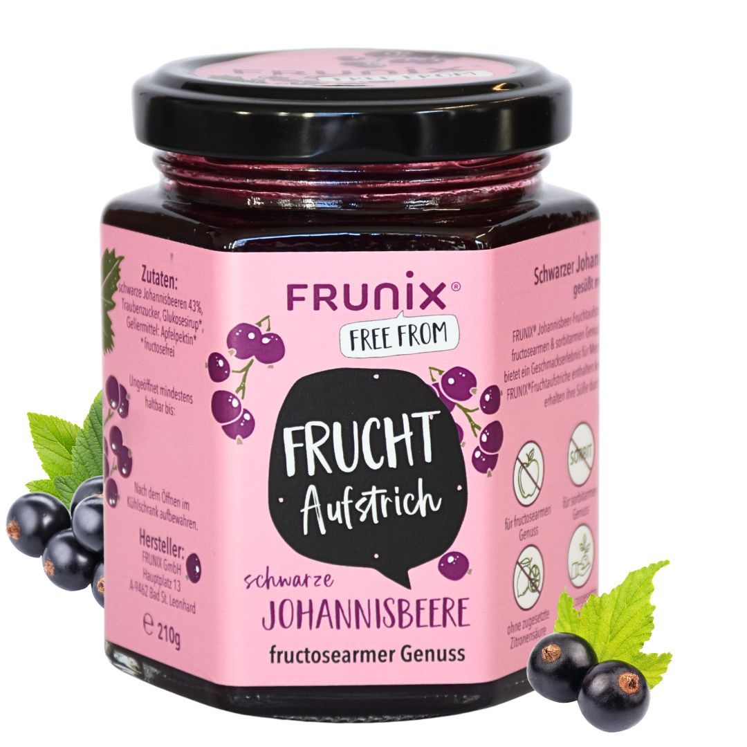 Glas FRUNIX® Fruchtaufstrich, schwarze Johannisbeere, fructosearm. Rosa Etikett, schwarzer Deckel. Text: FRUNIX® FREE FROM, FRUCHT Aufstrich, fructosearmer Genuss.