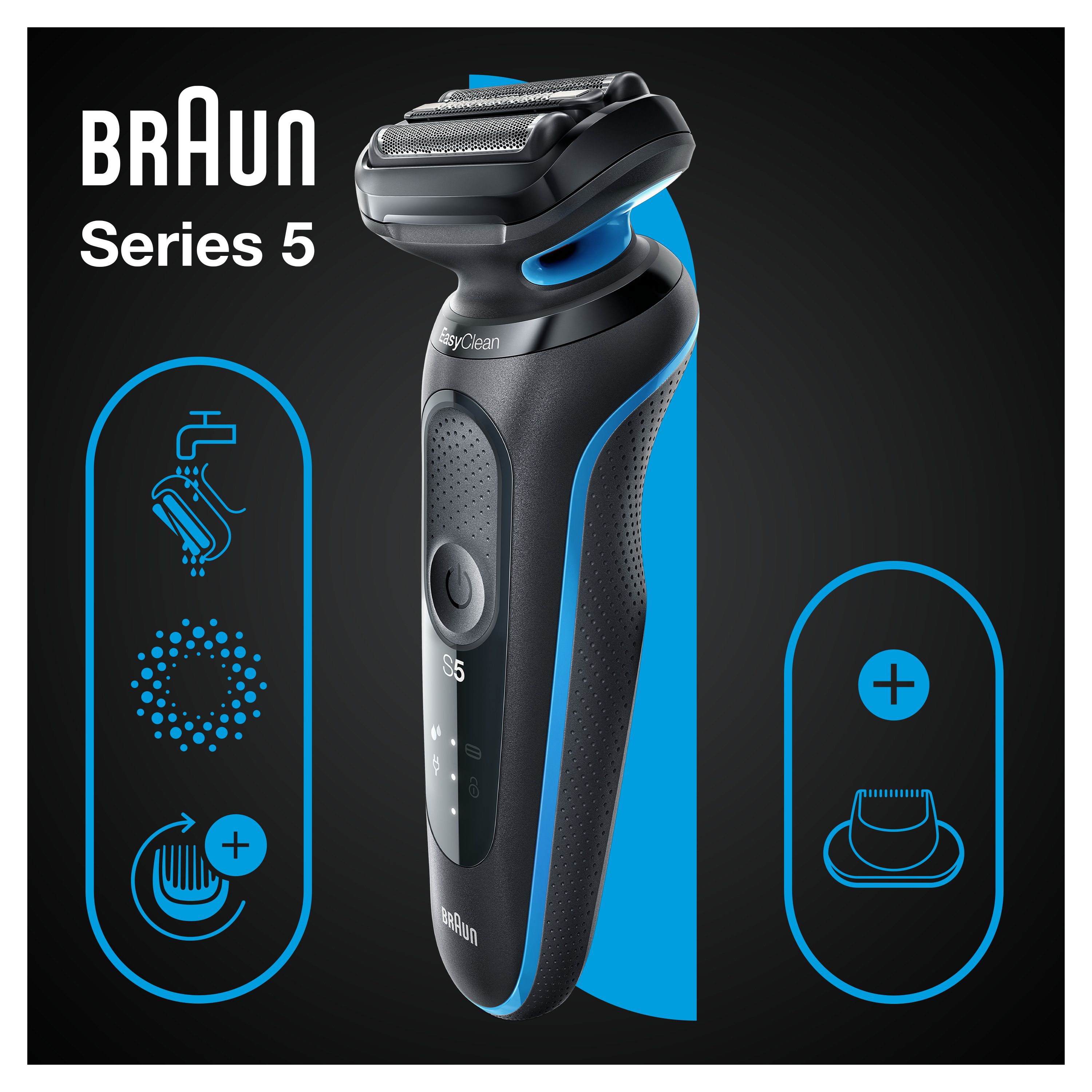 Blauer Elektrorasierer, schwarzes Gehäuse. Blaue Akzente. EasyClean-Funktion. Braun Series 5 Logo. Symbole.