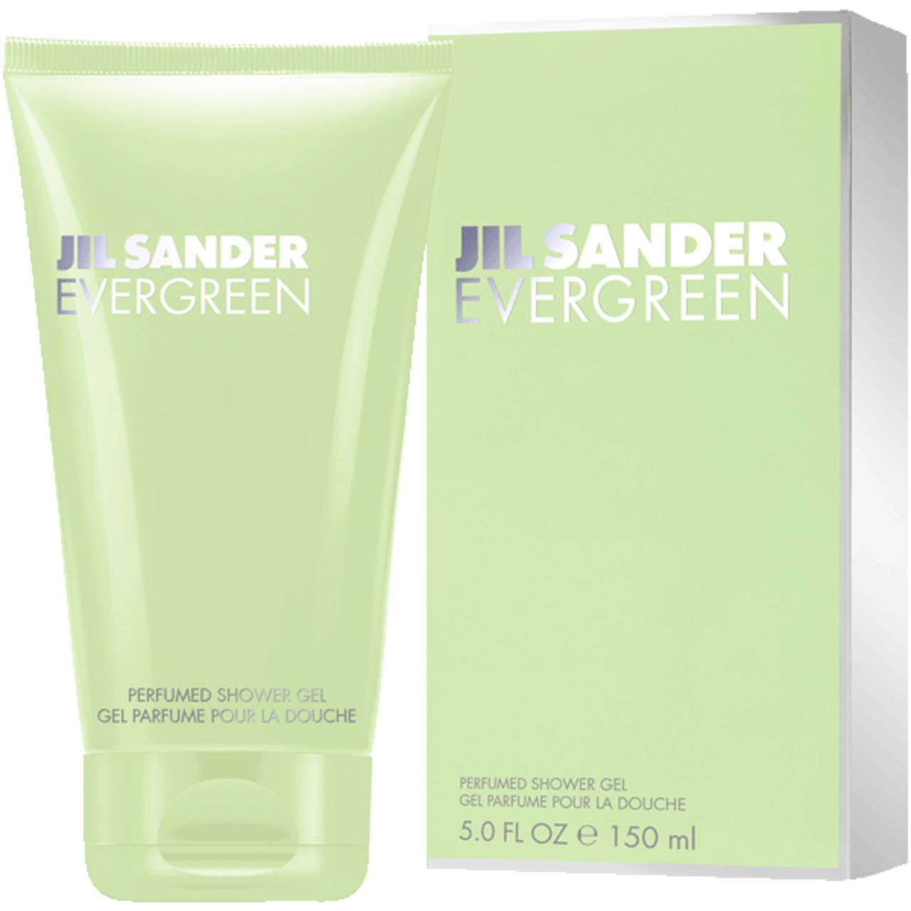 Hellgrüne Tube und Schachtel mit Aufschrift Jil Sander Evergreen. Text: Perfumed Shower Gel. 5.0 FL OZ e 150 ml.