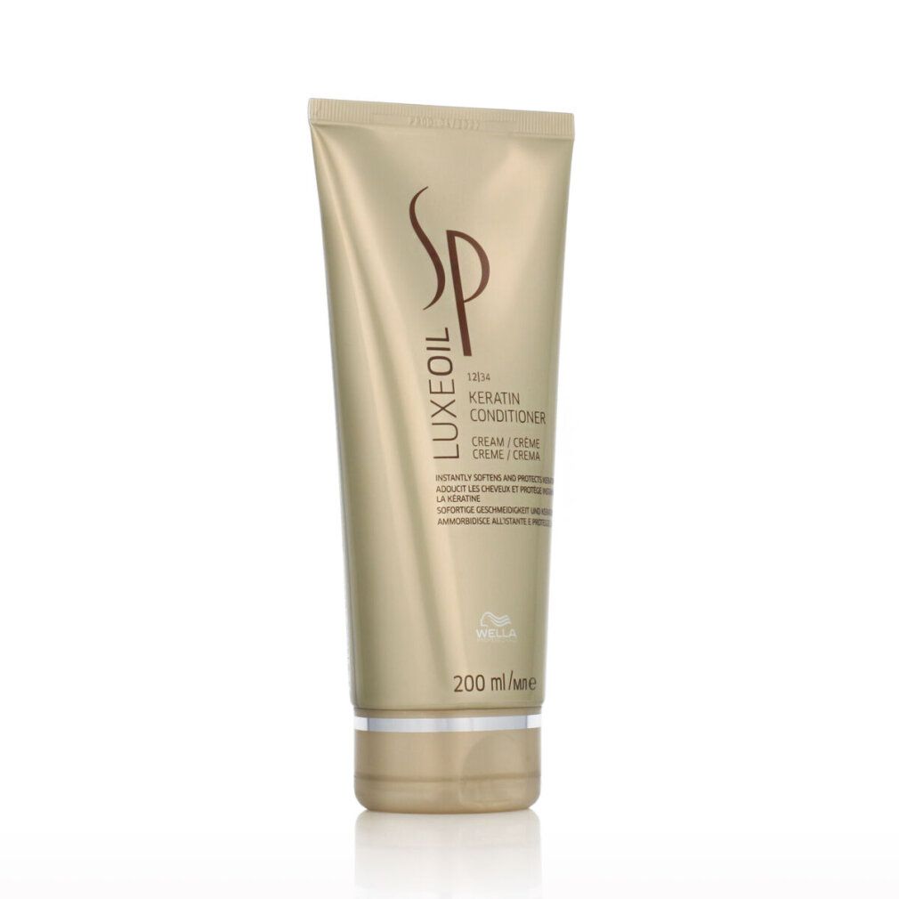Goldfarbene Tube mit SP Luxe Oil Keratin Conditioner. Logo und Schriftzug. 200 ml. Unterseite silberfarben.