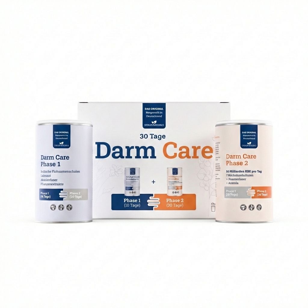 Darm Care in 2 Phasen. Dose Phase 1 und 2, sowie eine Verpackung mit Aufschrift Darm Care.